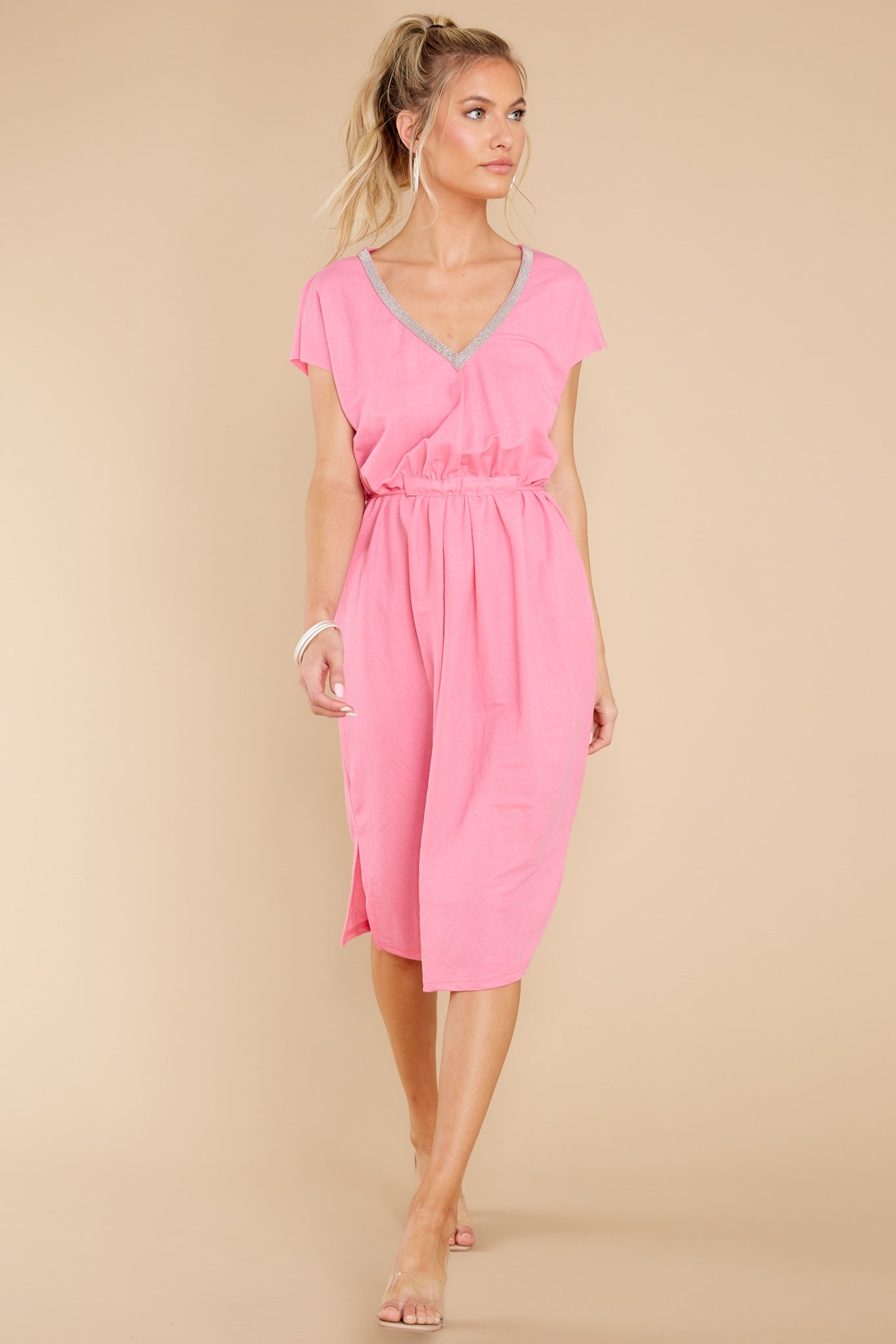 Stroll Around Town Pink Neon V-Neck Jersey Midi Dress