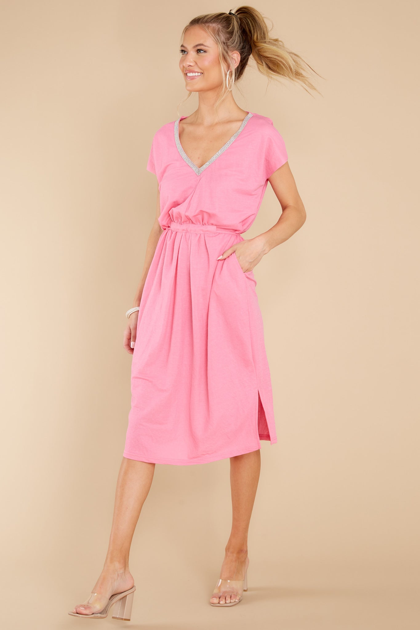 Stroll Around Town Pink Neon V-Neck Jersey Midi Dress