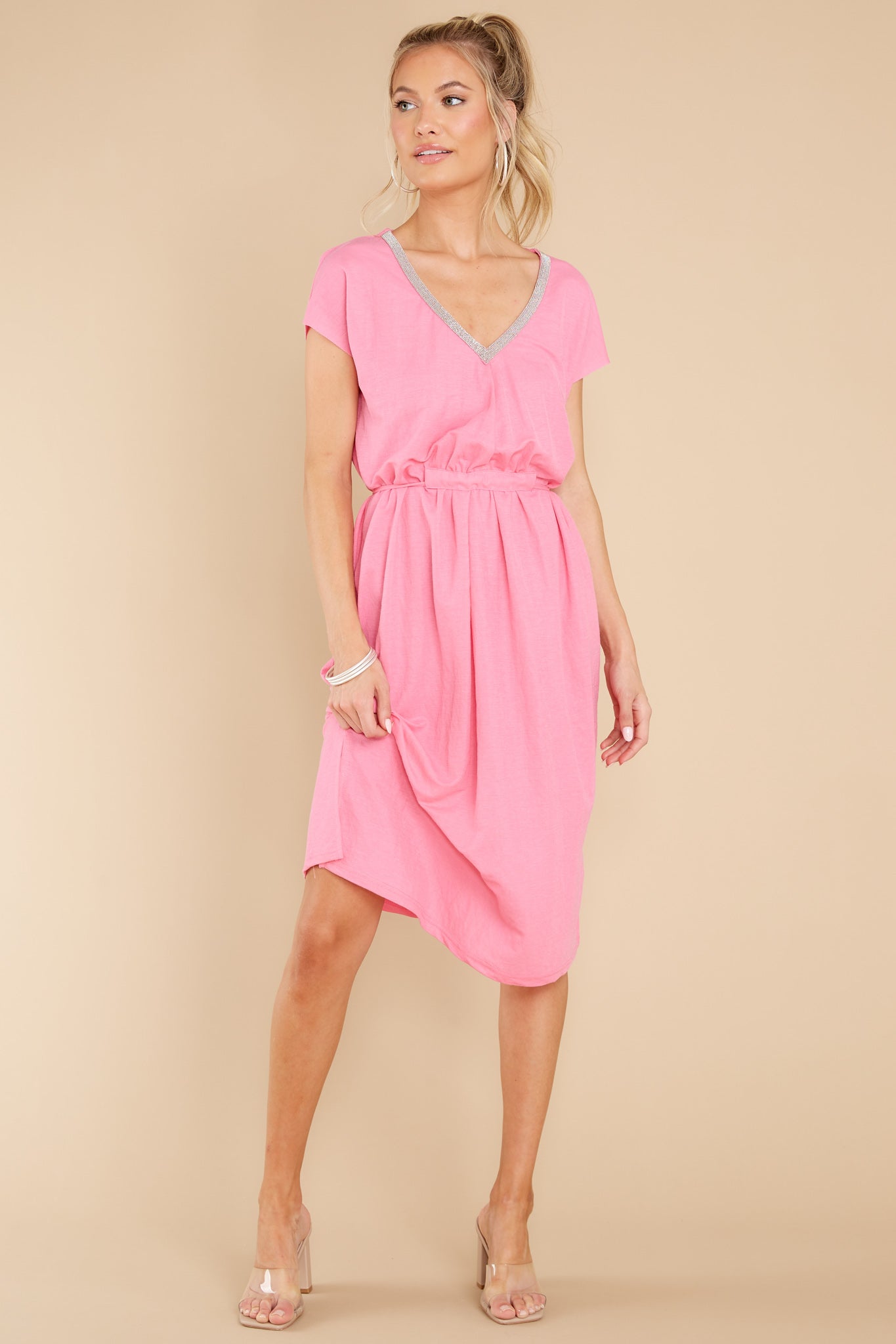 Stroll Around Town Pink Neon V-Neck Jersey Midi Dress