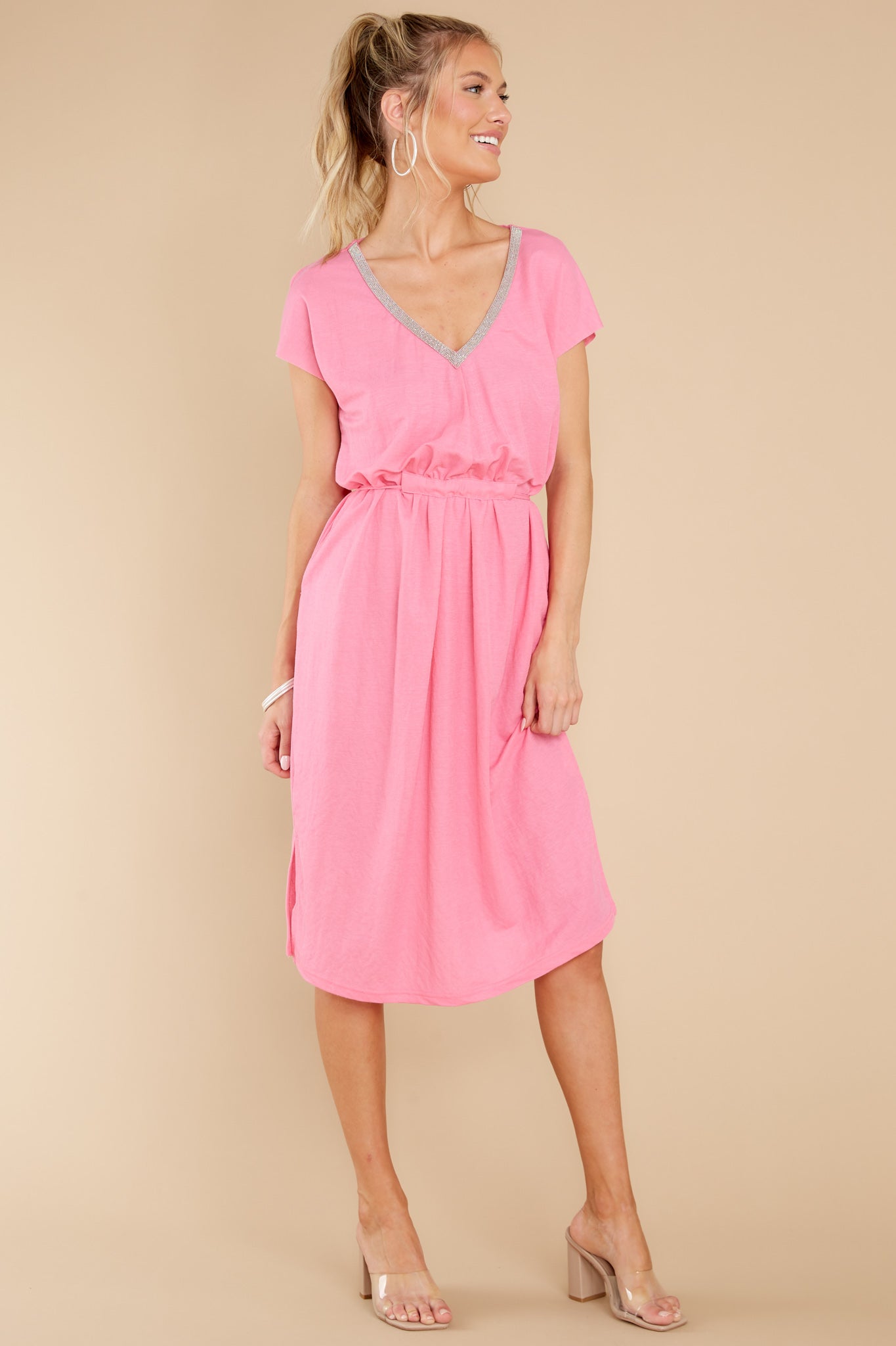 Stroll Around Town Pink Neon V-Neck Jersey Midi Dress