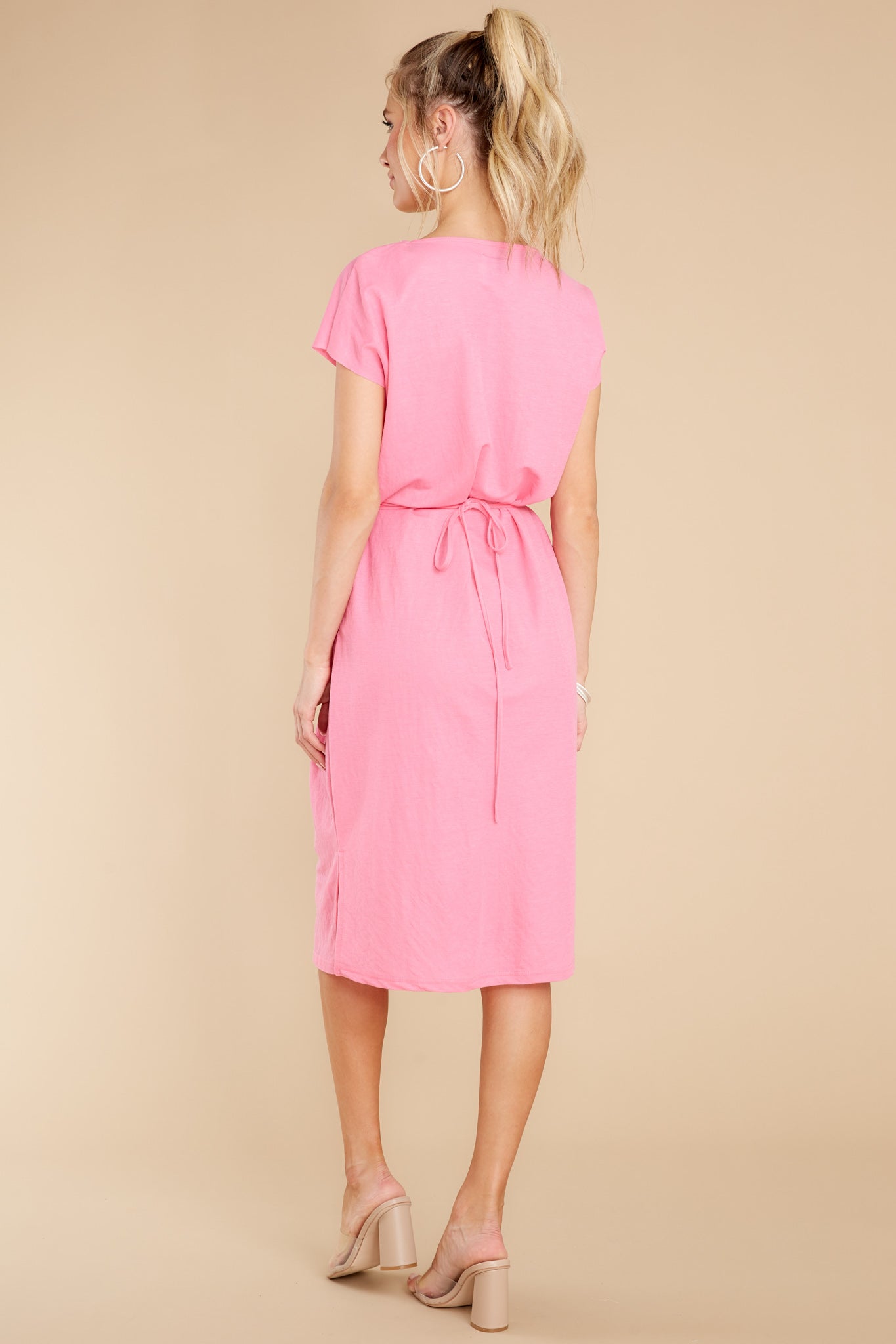 Stroll Around Town Pink Neon V-Neck Jersey Midi Dress