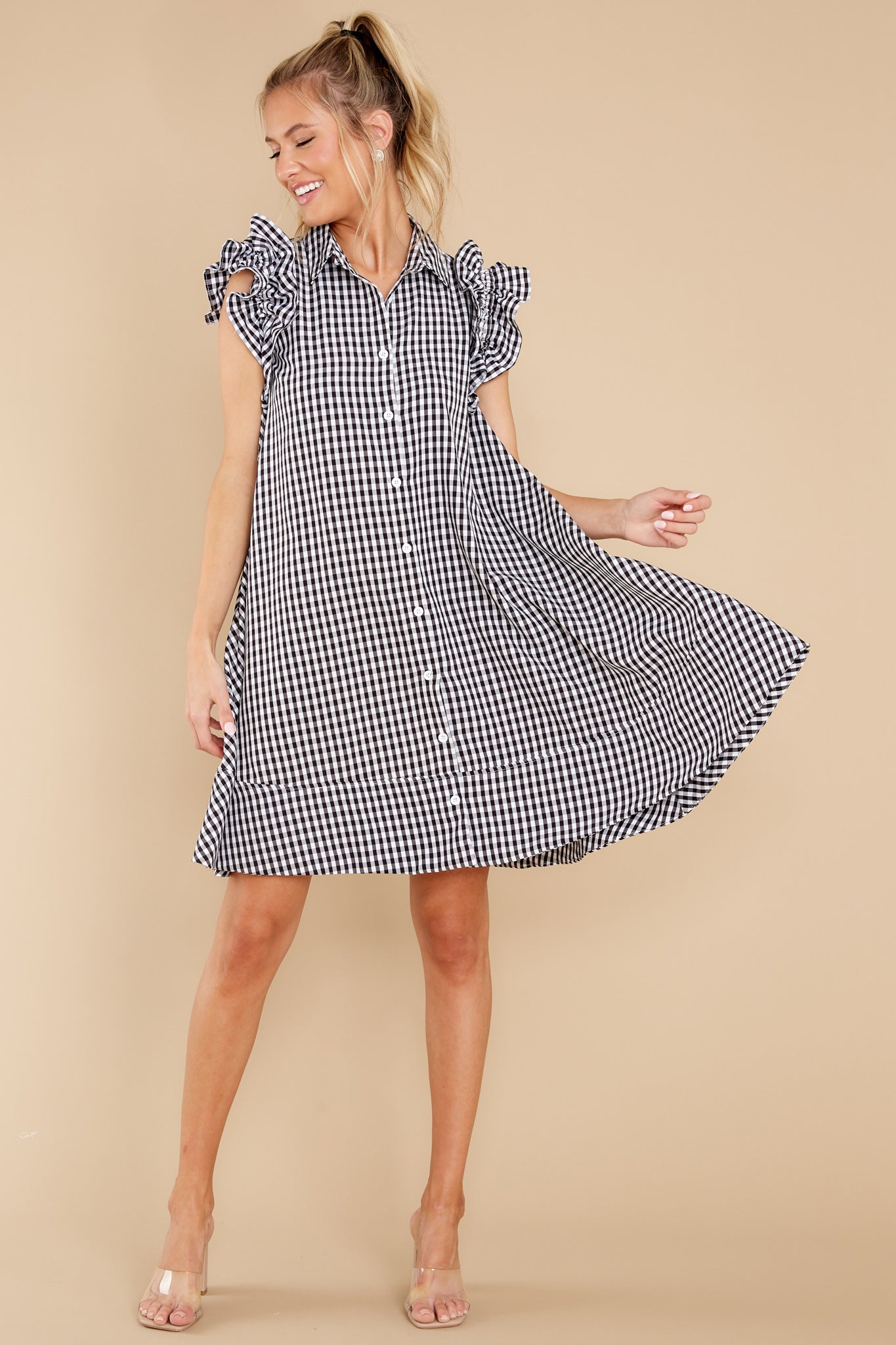 New Obsession White And Black Gingham Shirt Dress