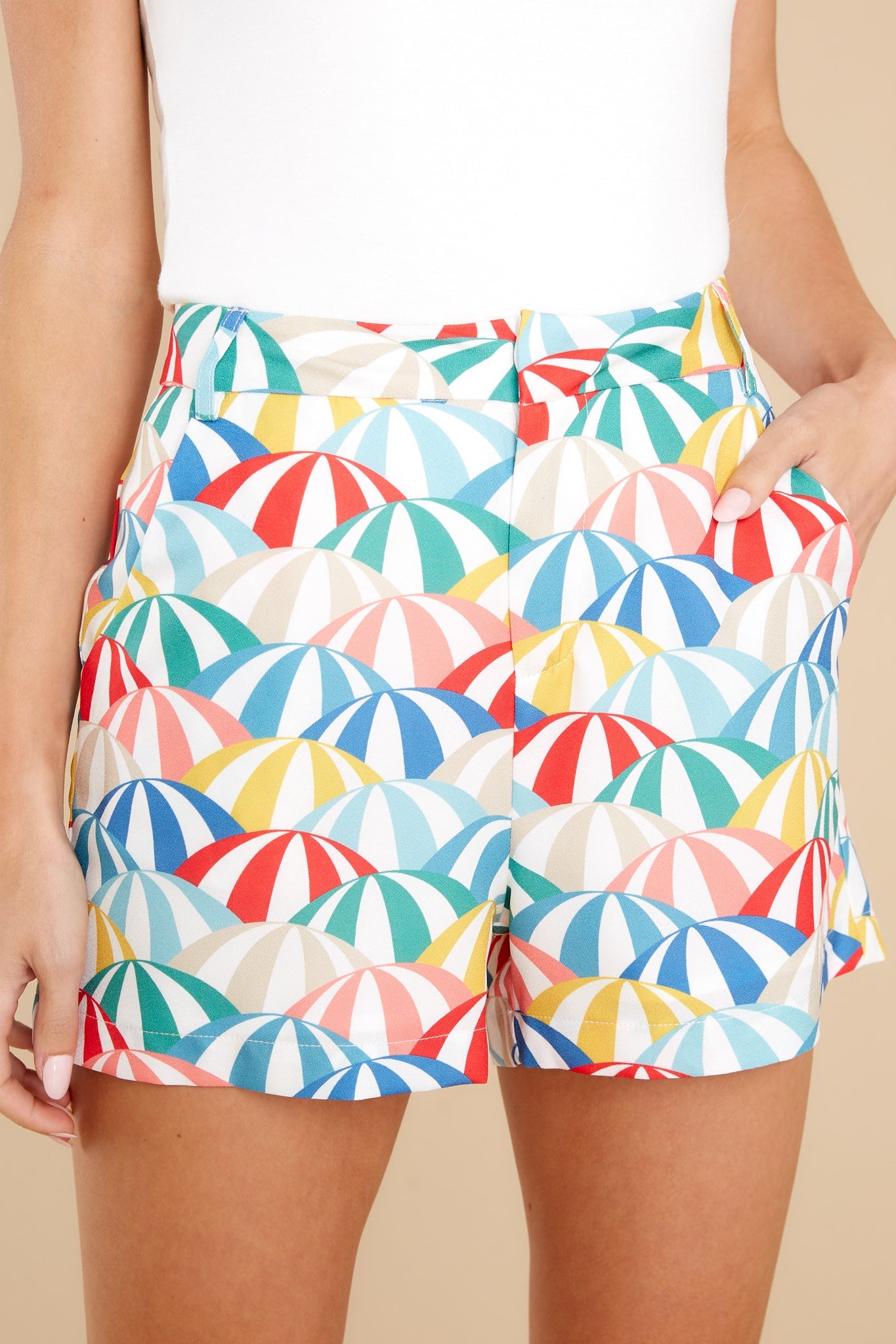 Keep This Groove White Parasol Print High Waist Shorts