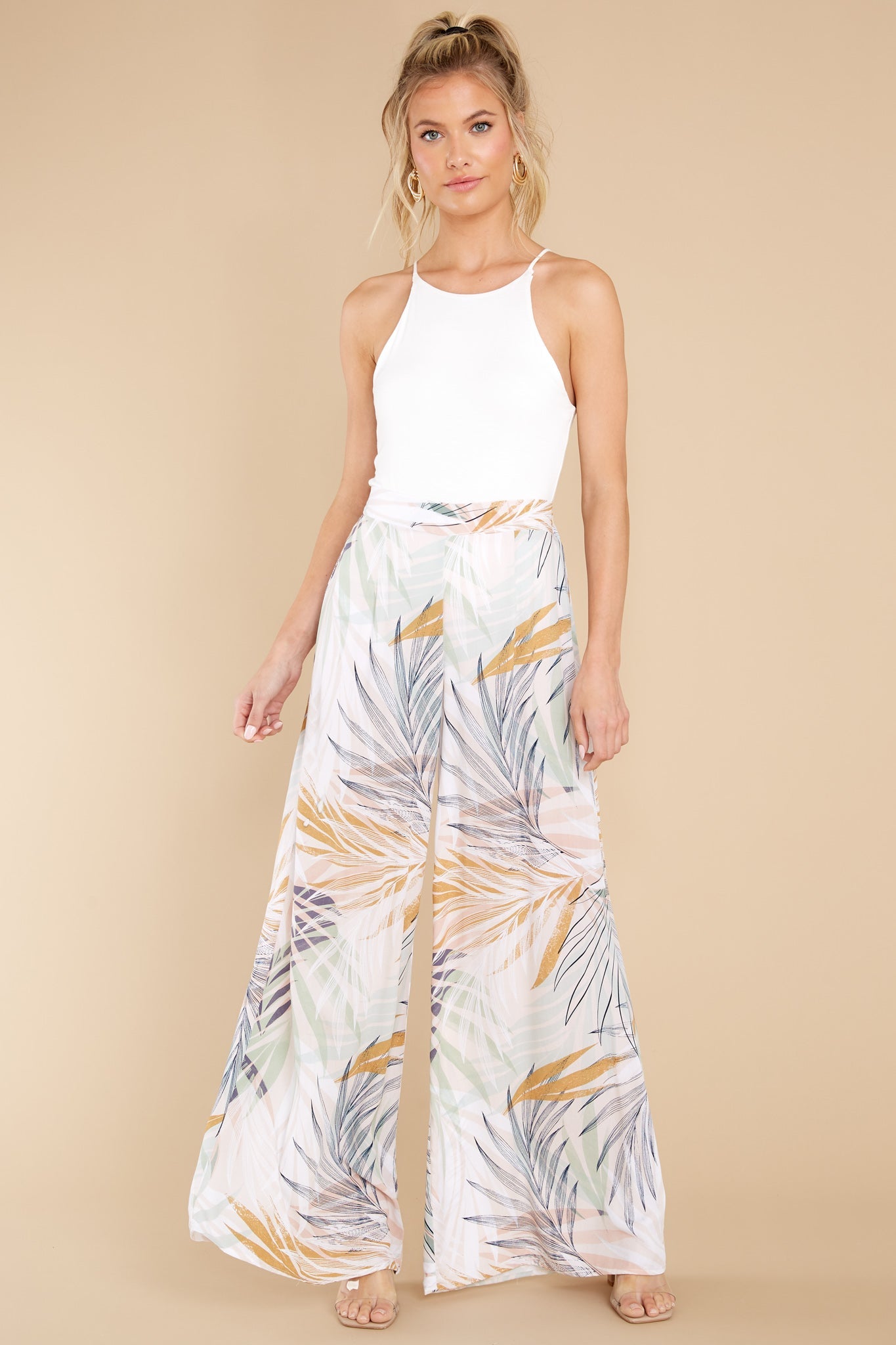 Flirty Ways Beige Palm Beach Printed Palazzo Pants