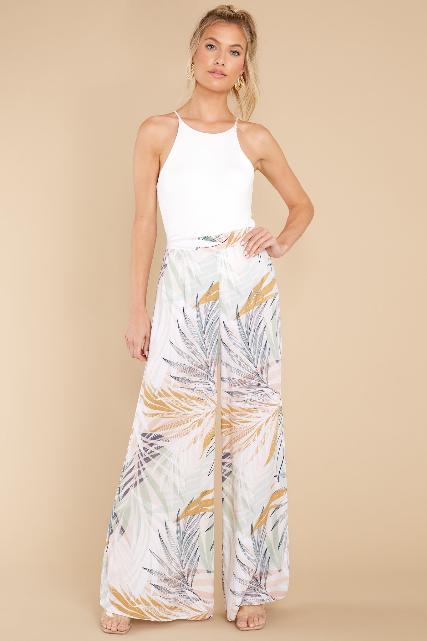 Flirty Ways Beige Palm Beach Printed Palazzo Pants