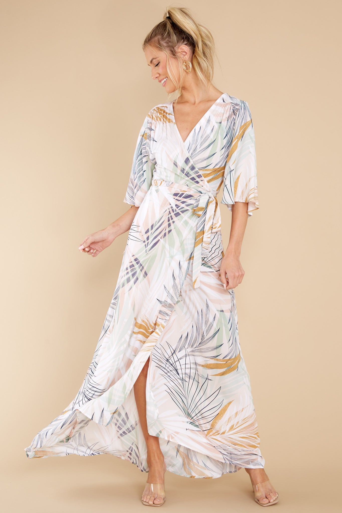 I'm All Yours Beige Palm Beach Wrap Dress