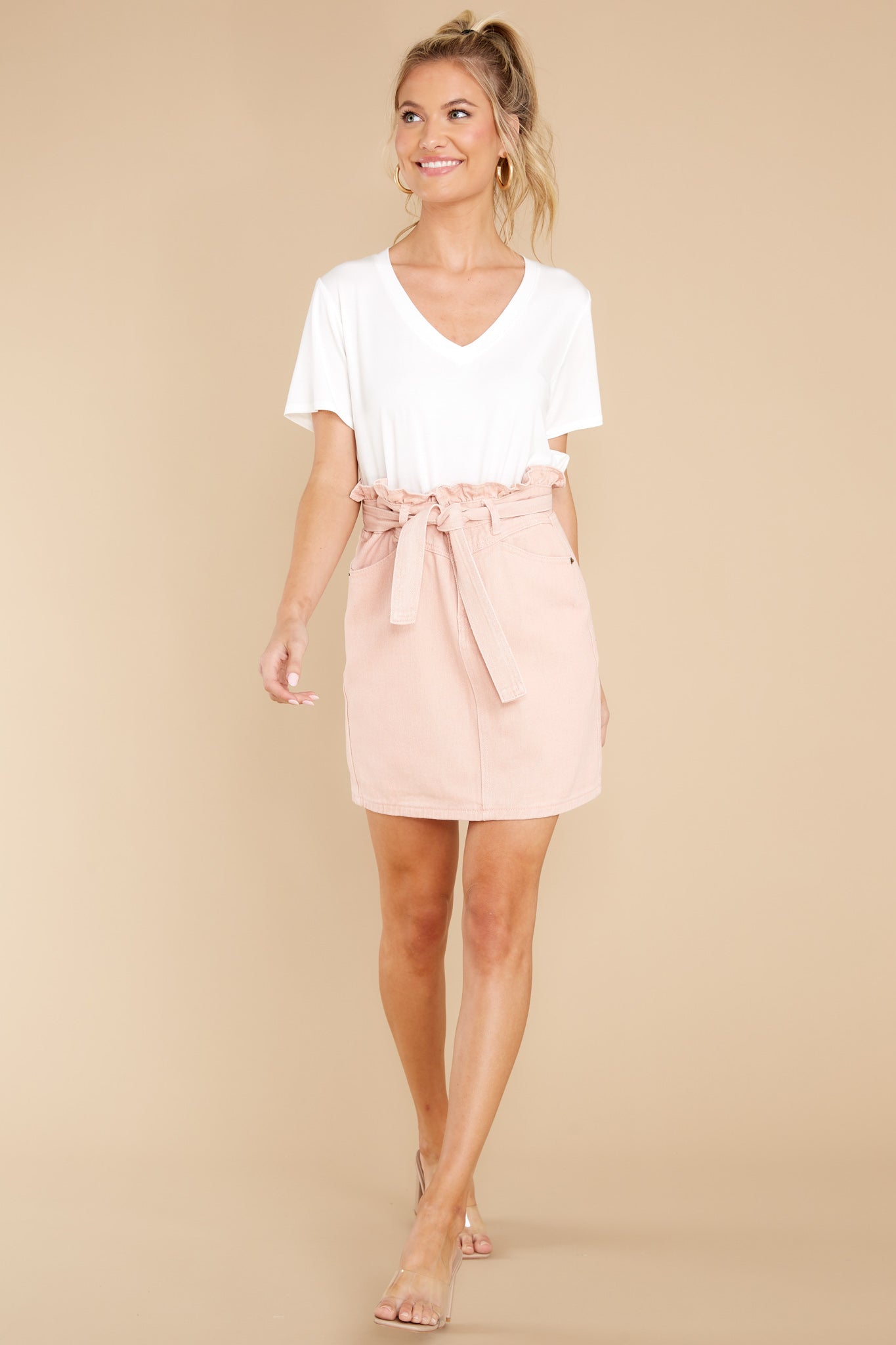 Turn On The Charm Blush Pink Paperbag Denim Skirt