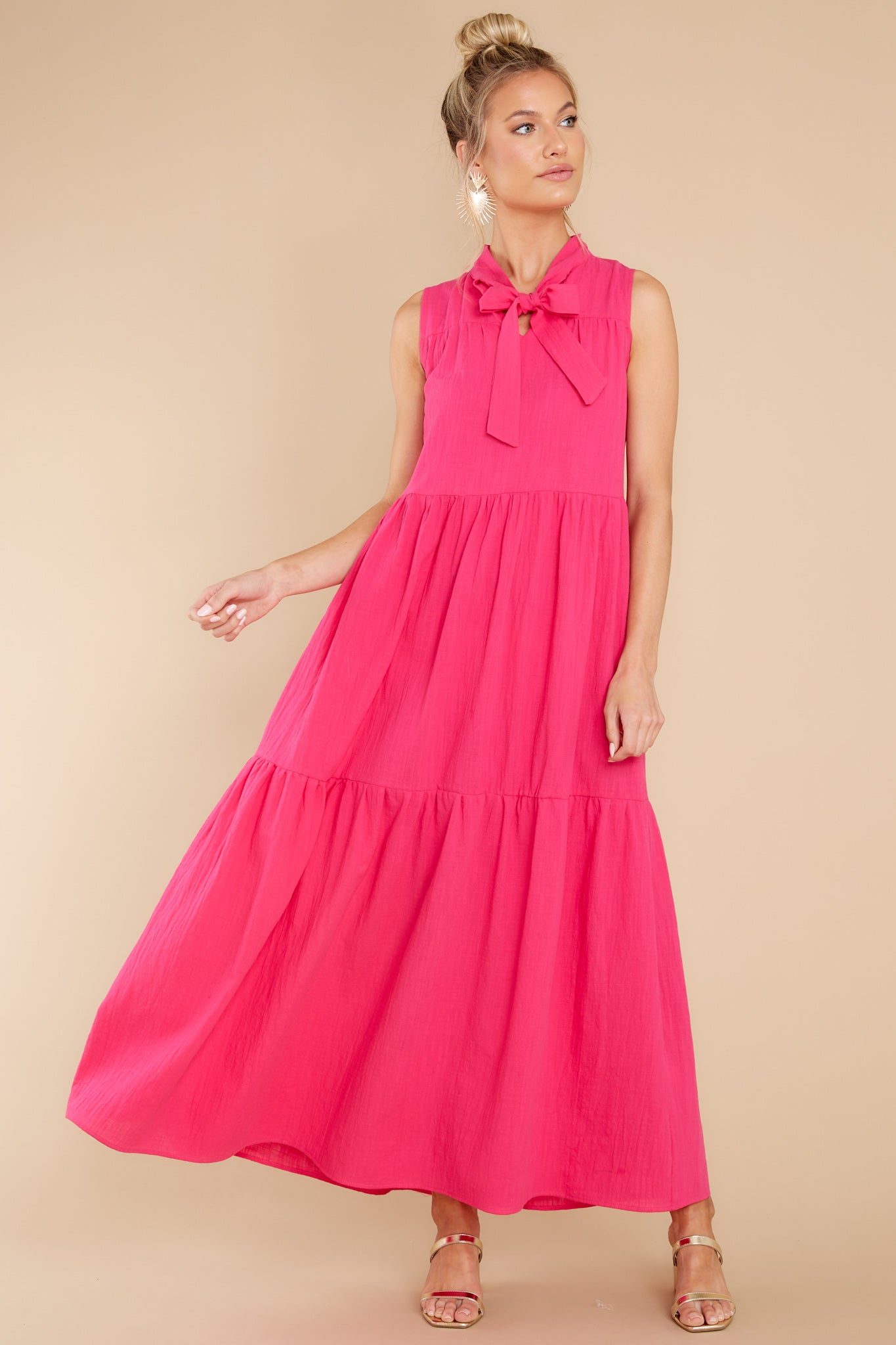 Rush Of Romance Fuchsia Tie Collar Maxi Dress