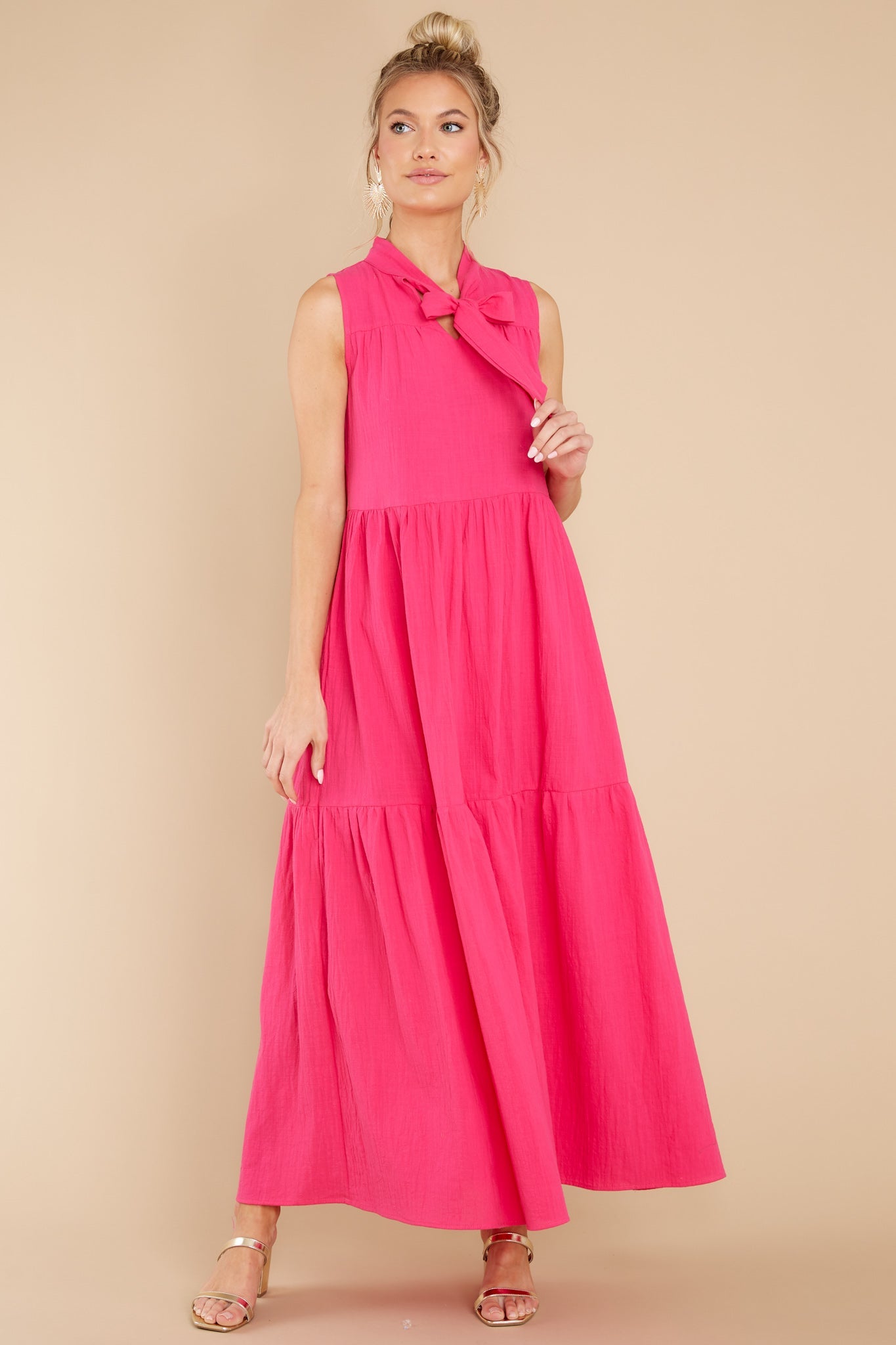 Rush Of Romance Fuchsia Tie Collar Maxi Dress