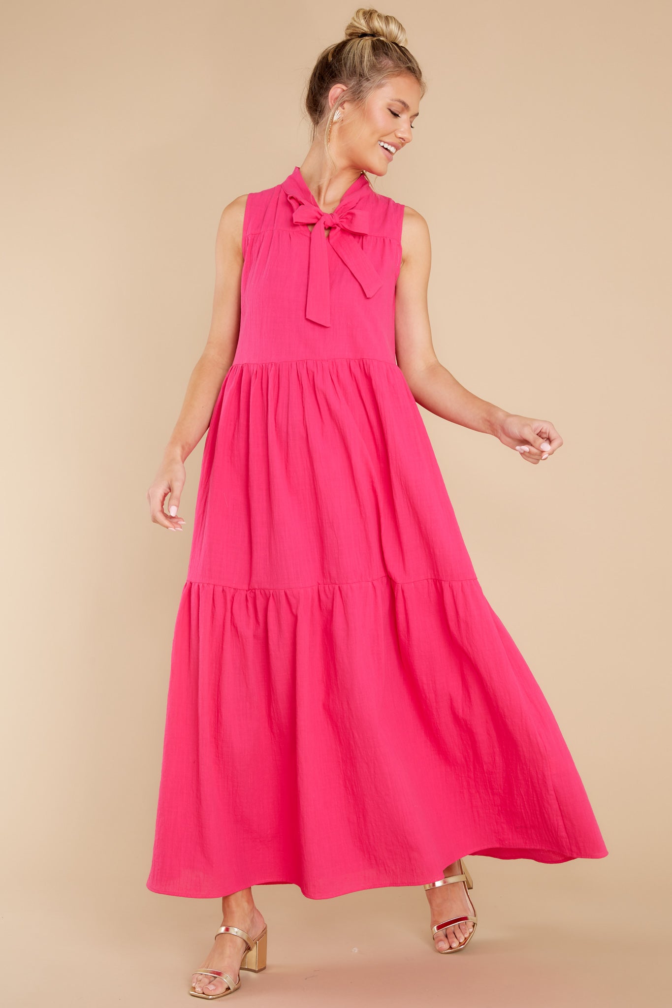 Rush Of Romance Fuchsia Tie Collar Maxi Dress