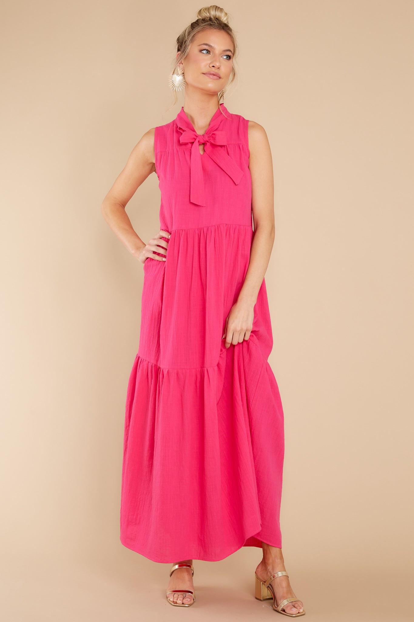 Rush Of Romance Fuchsia Tie Collar Maxi Dress