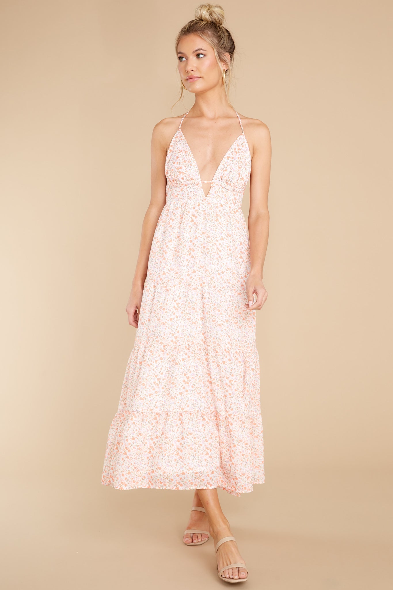 Carefree Spirit Off White Cavalaire Floral Print Halter Maxi Dress