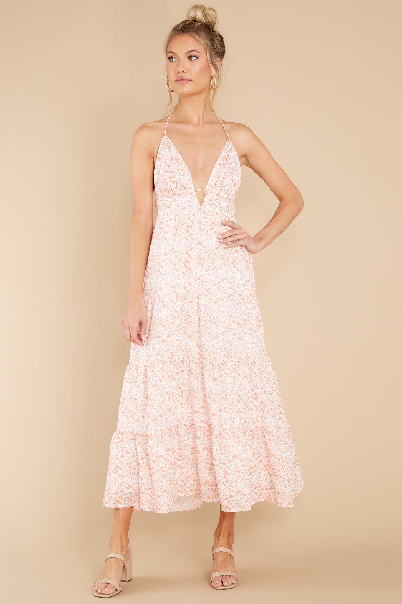 Carefree Spirit Off White Cavalaire Floral Print Halter Maxi Dress