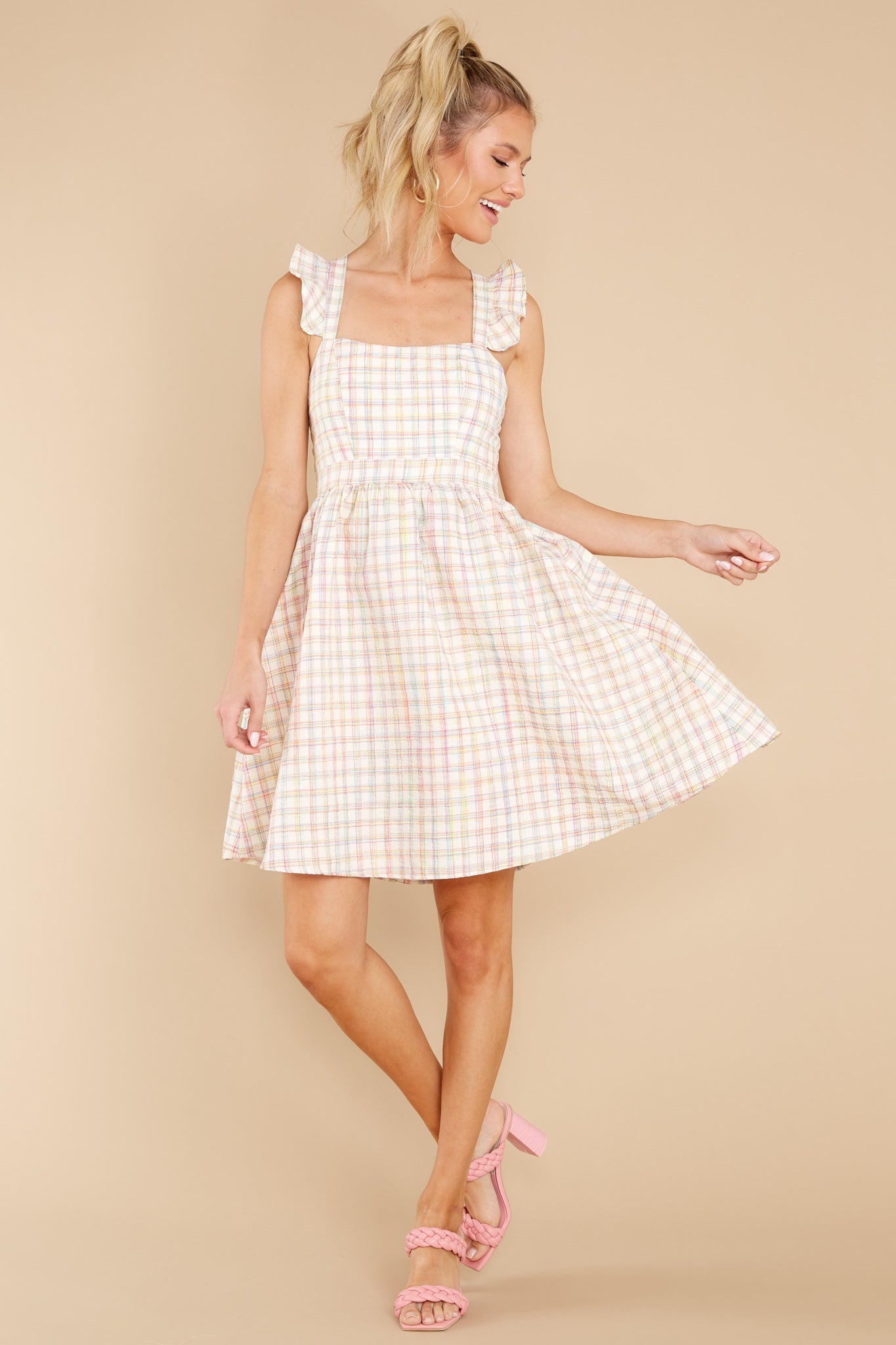 Darling Of Mine Ivory Multicolor Checkered Dress