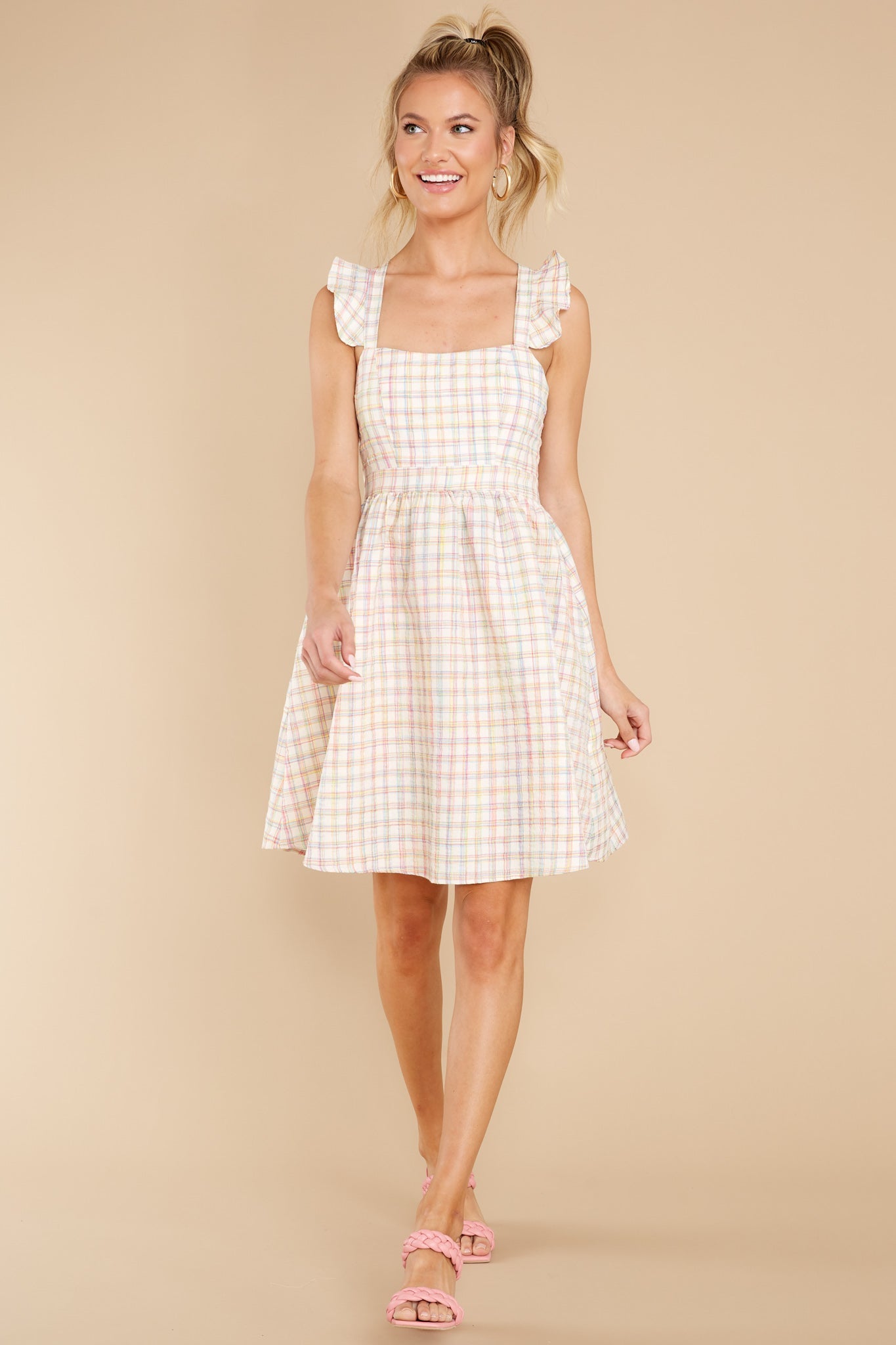 Darling Of Mine Ivory Multicolor Checkered Dress