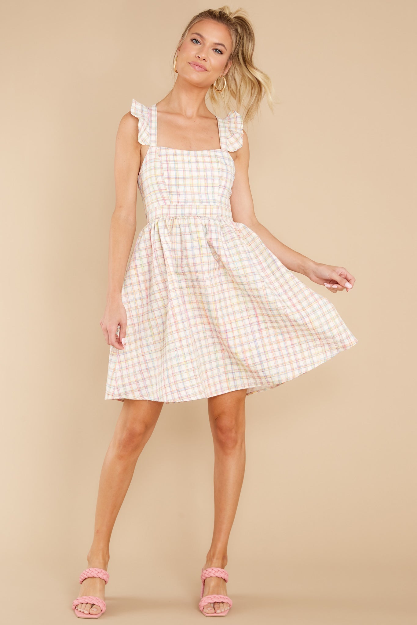 Darling Of Mine Ivory Multicolor Checkered Dress
