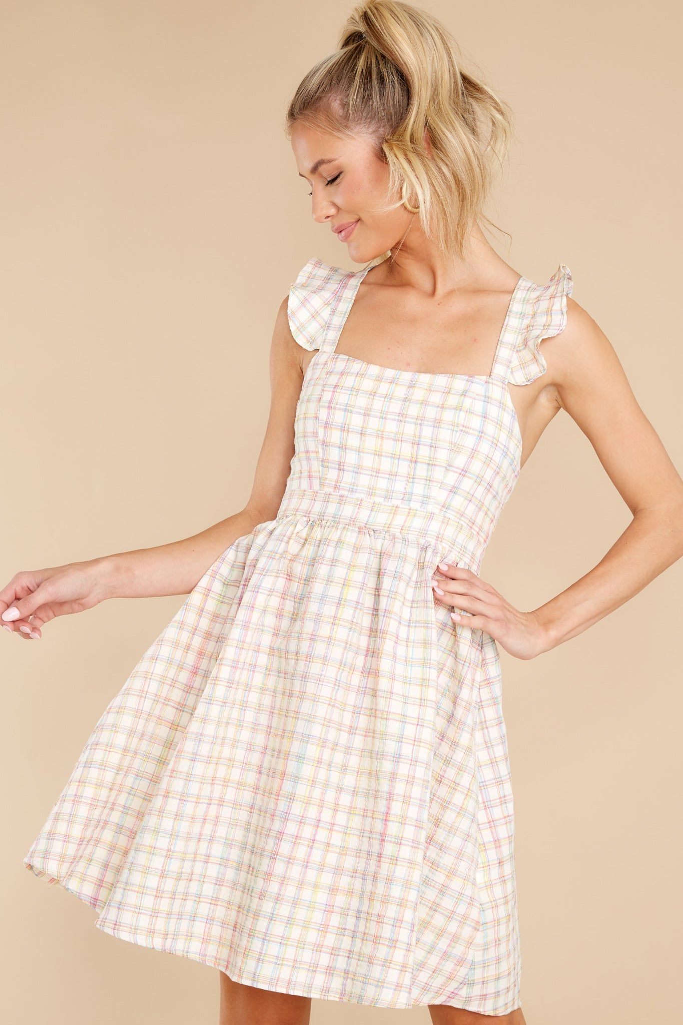 Darling Of Mine Ivory Multicolor Checkered Dress