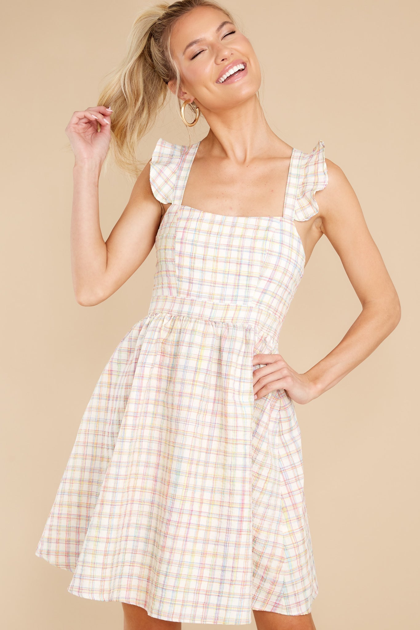 Darling Of Mine Ivory Multicolor Checkered Dress