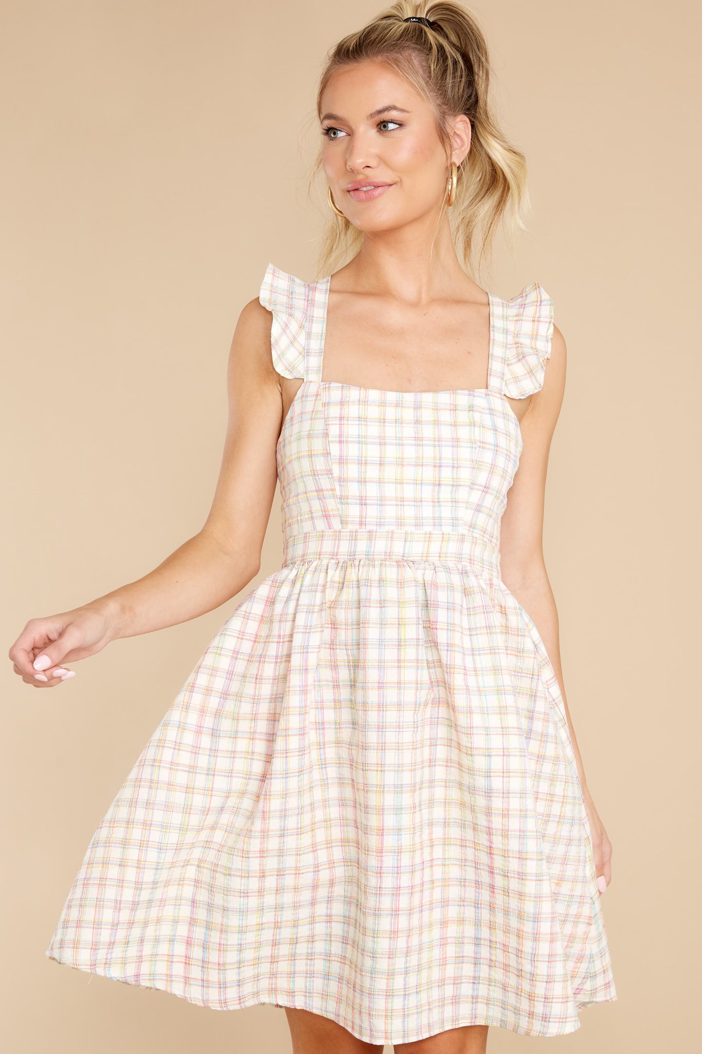 Darling Of Mine Ivory Multicolor Checkered Dress
