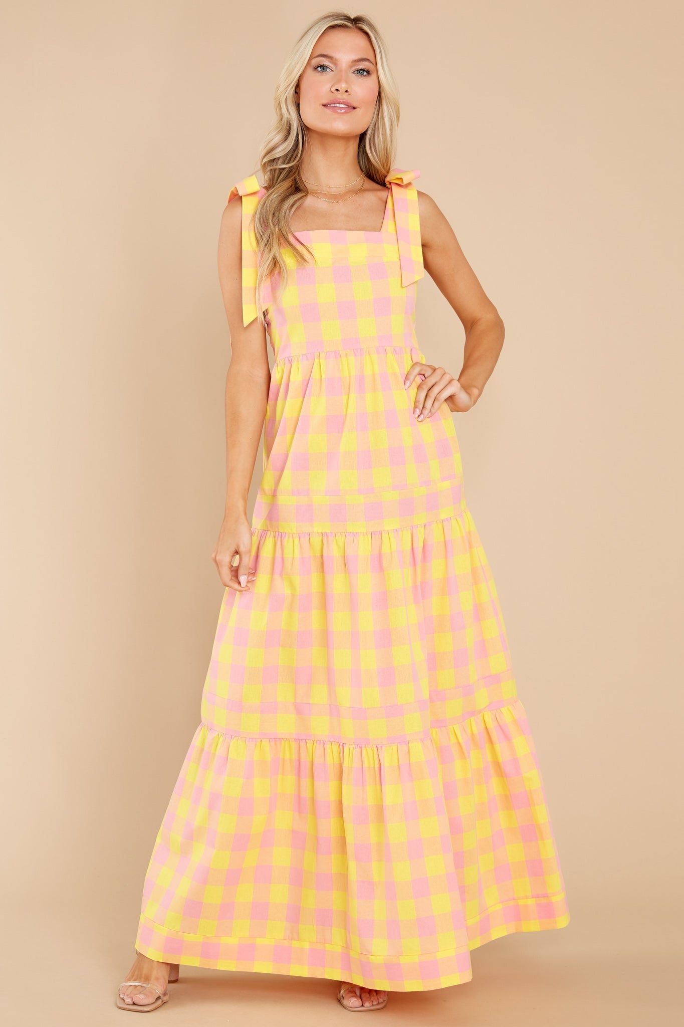 Sunny Strolls Yellow And Pink Gingham Maxi Dress