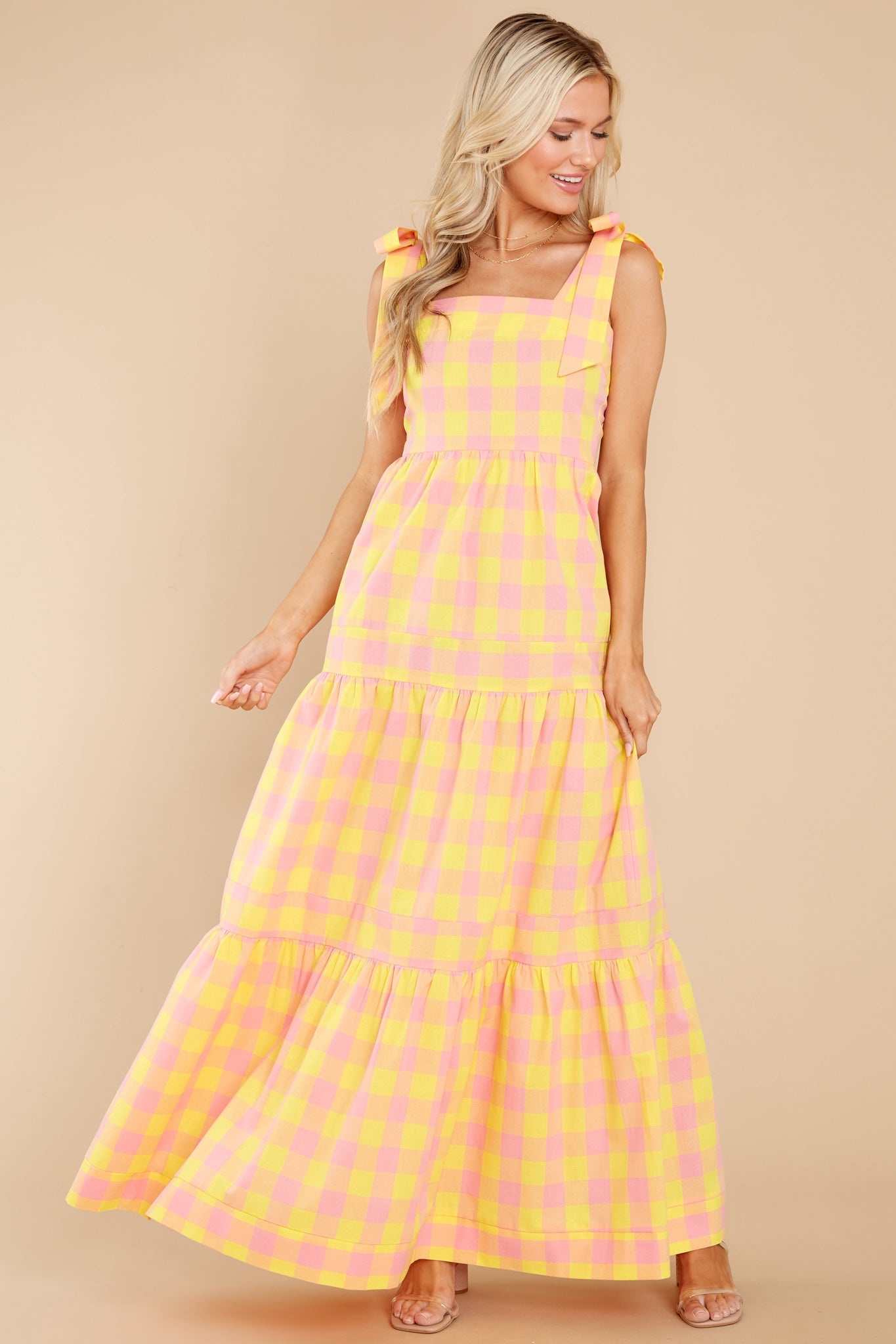 Sunny Strolls Yellow And Pink Gingham Maxi Dress