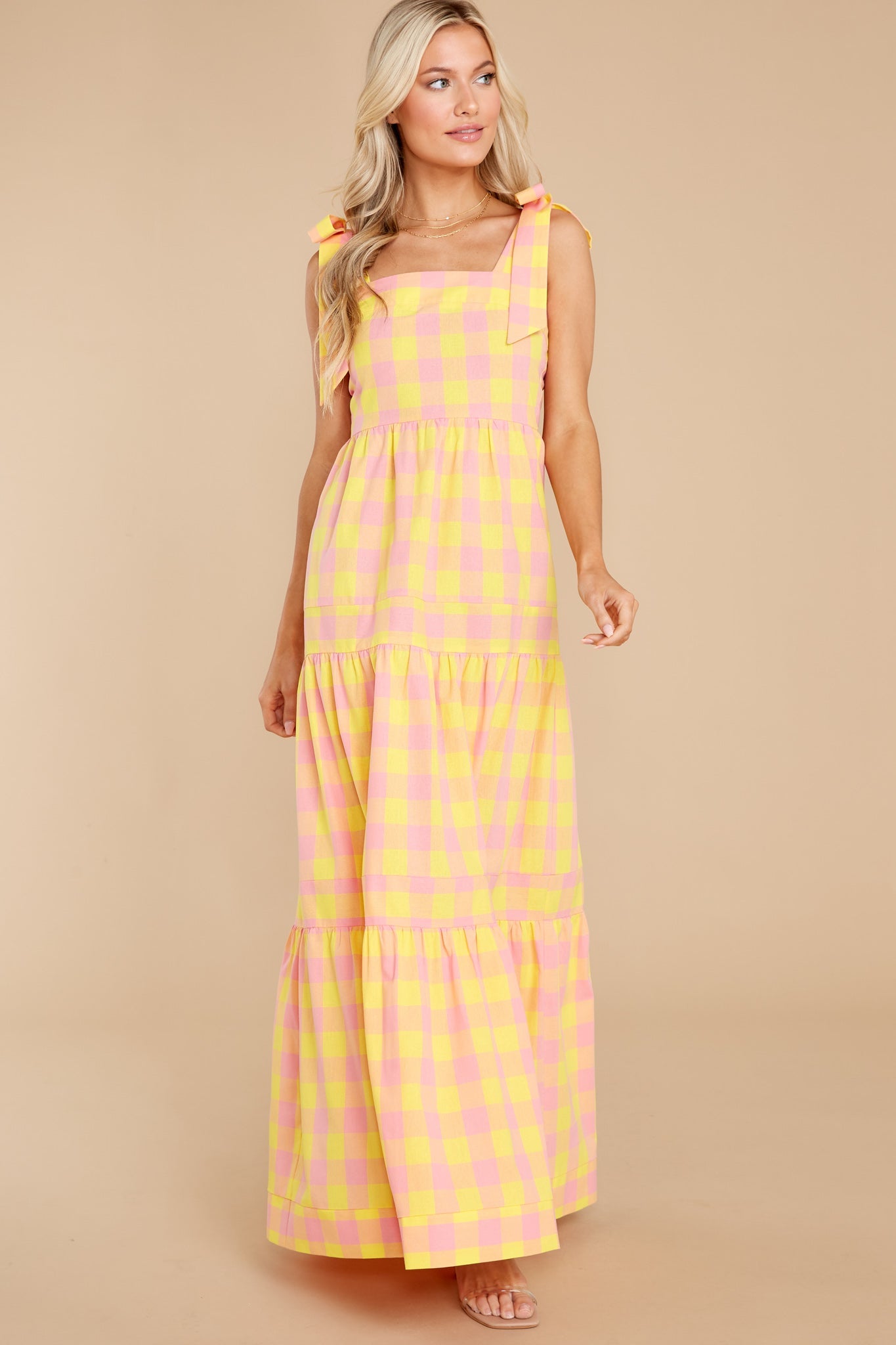 Sunny Strolls Yellow And Pink Gingham Maxi Dress