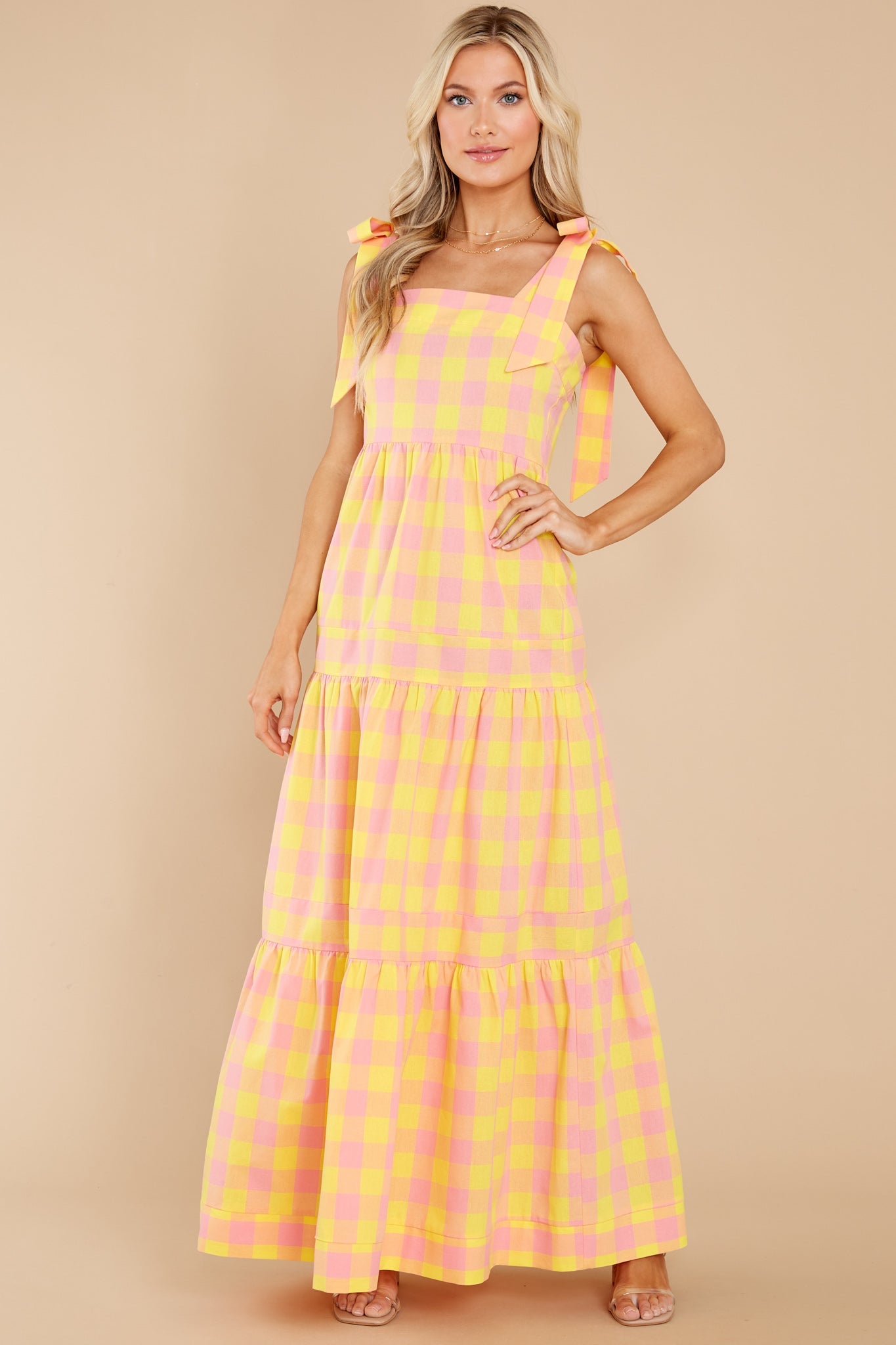 Sunny Strolls Yellow And Pink Gingham Maxi Dress