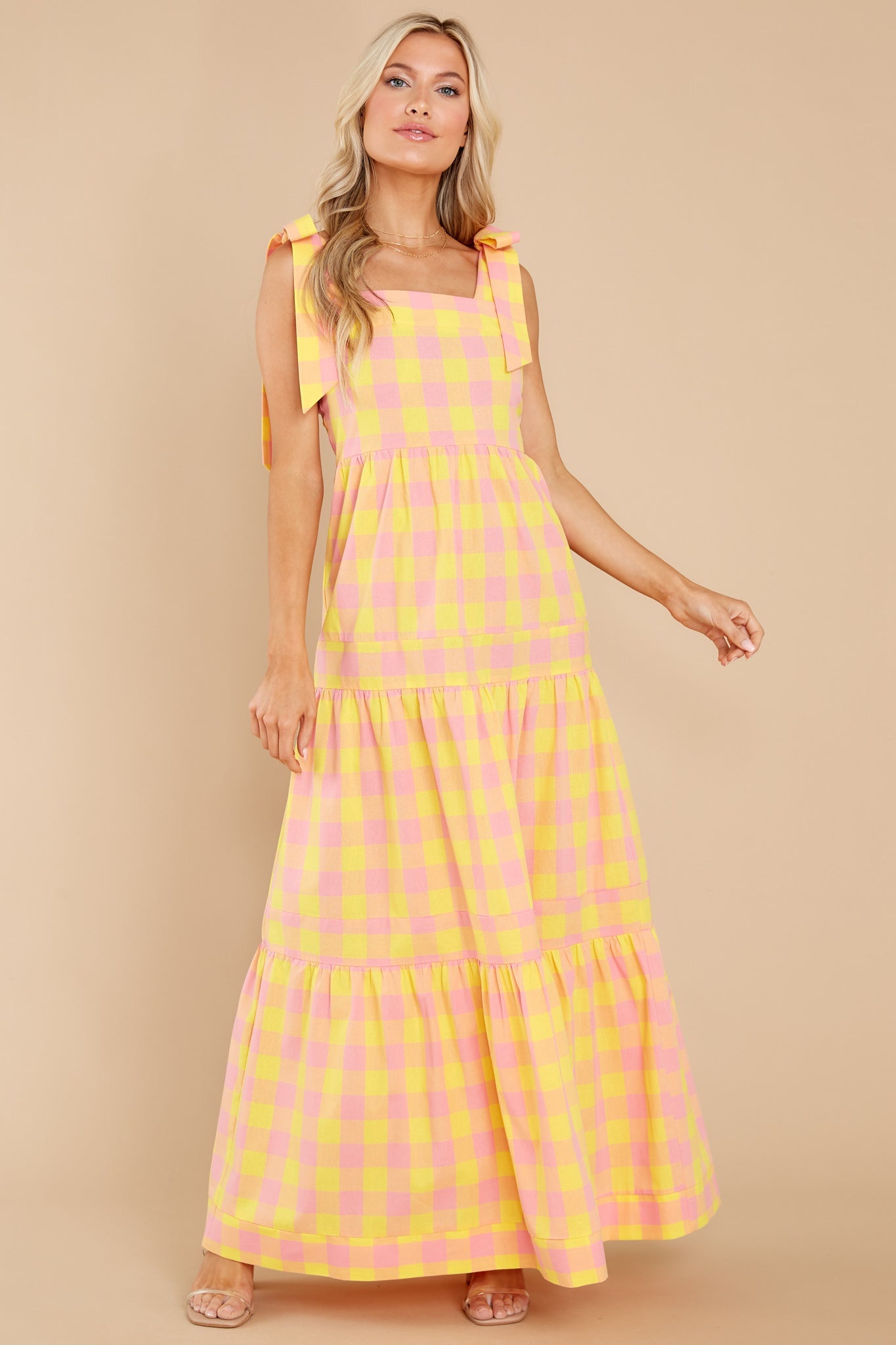 Sunny Strolls Yellow And Pink Gingham Maxi Dress