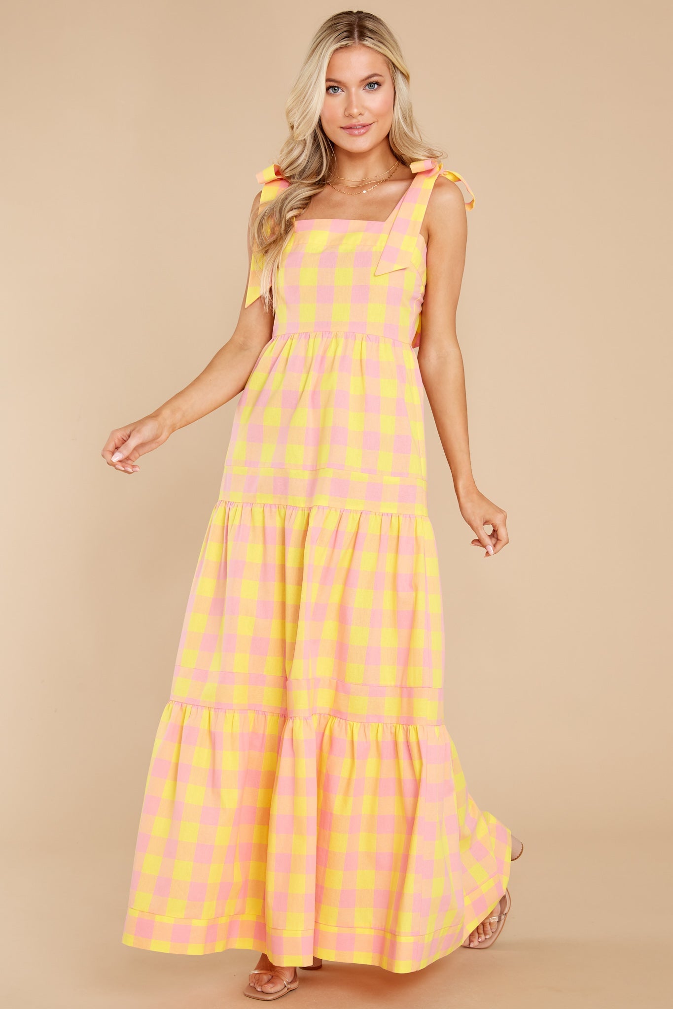 Sunny Strolls Yellow And Pink Gingham Maxi Dress