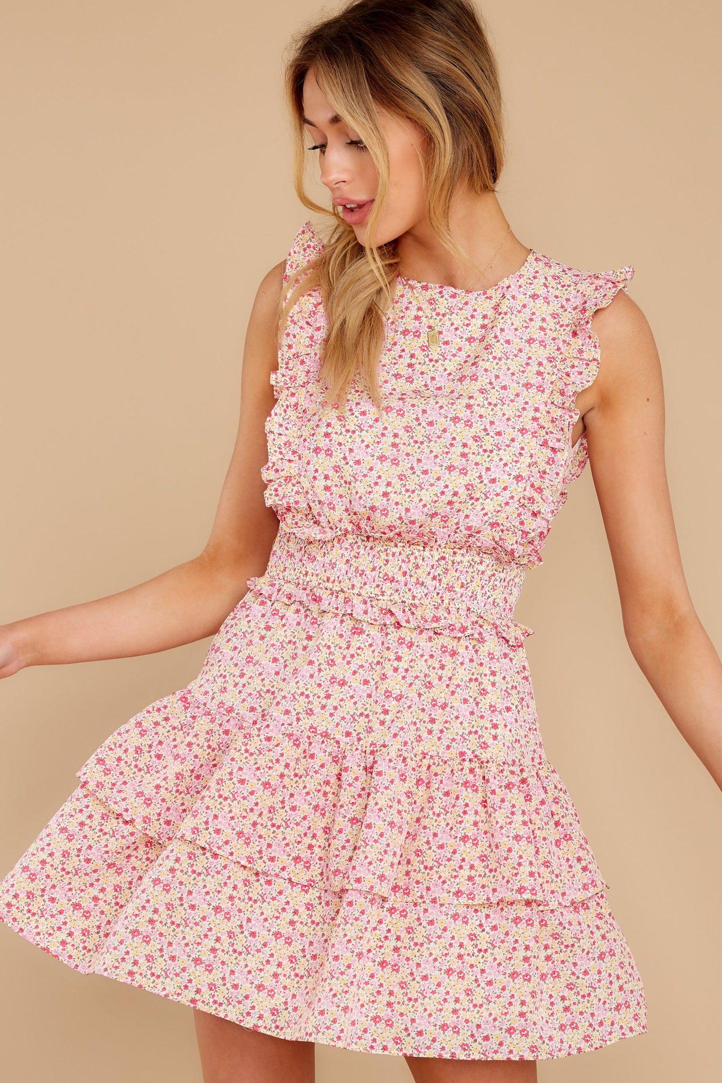 Spin Me Baby Pink Multi Floral Print Dress