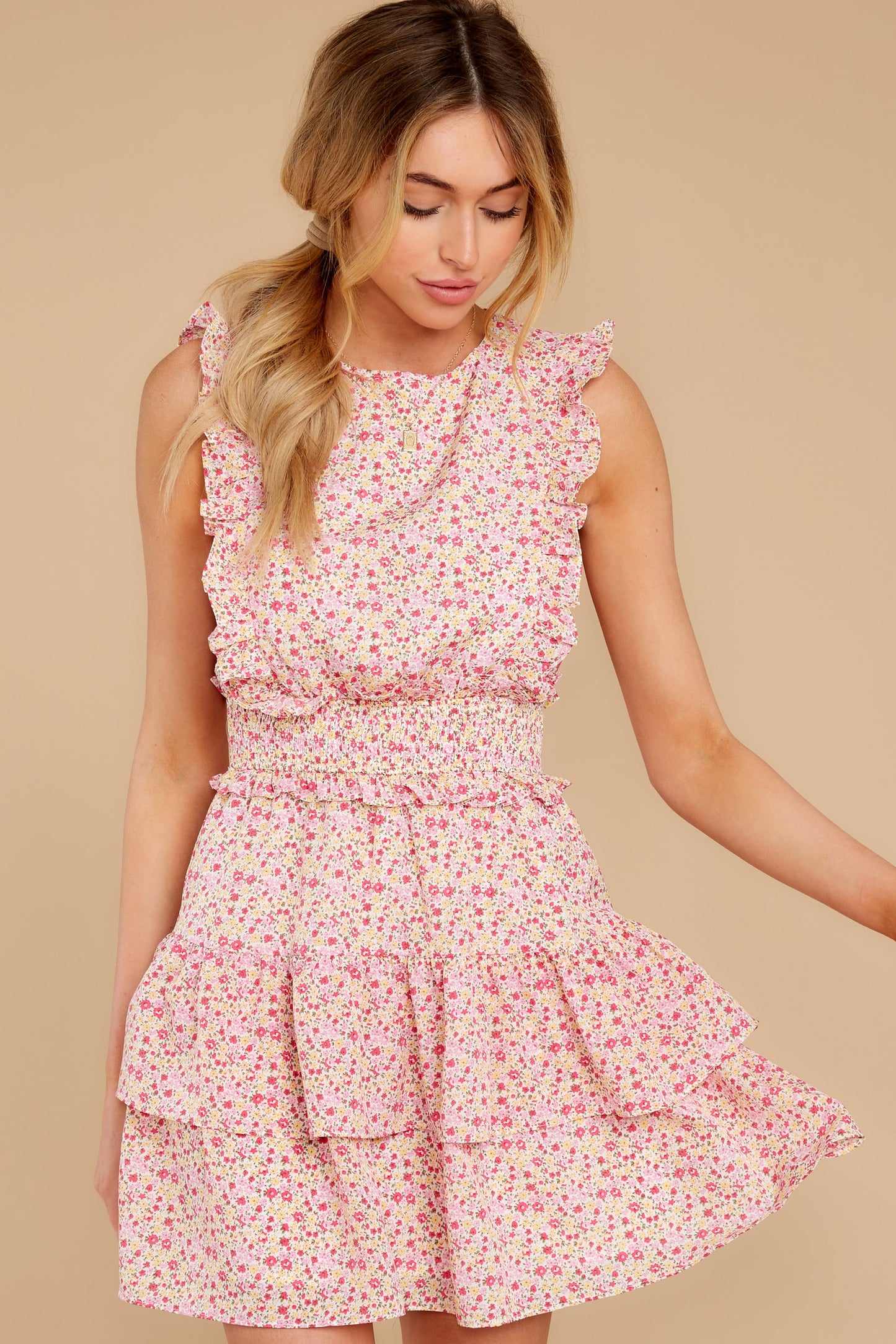 Spin Me Baby Pink Multi Floral Print Dress