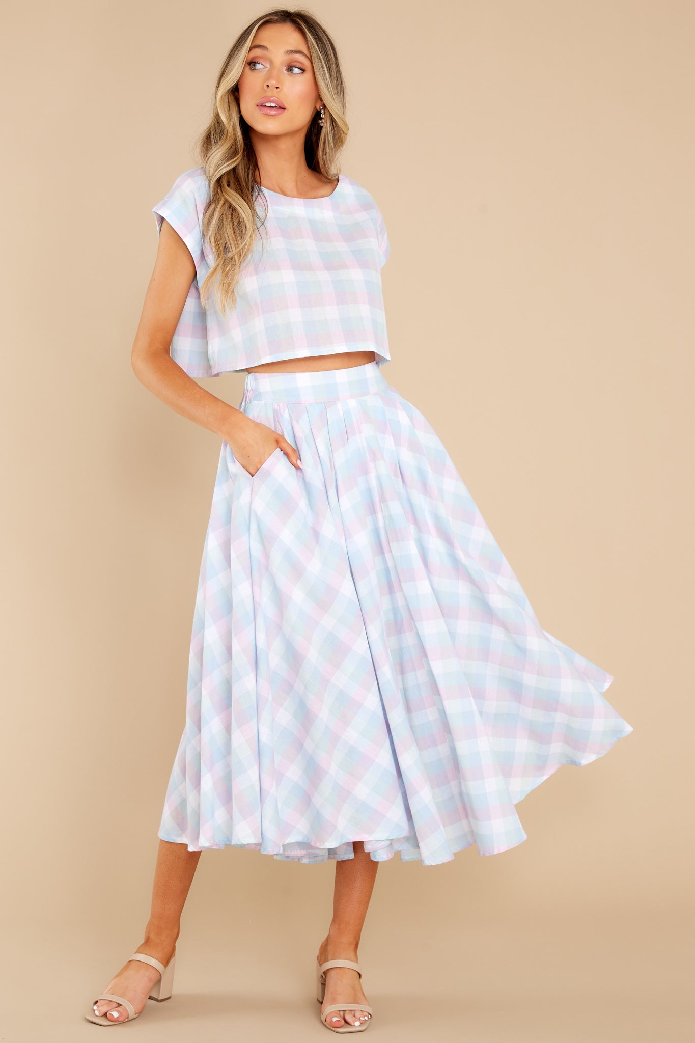 New Blossoms Blue Plaid Two Piece Set