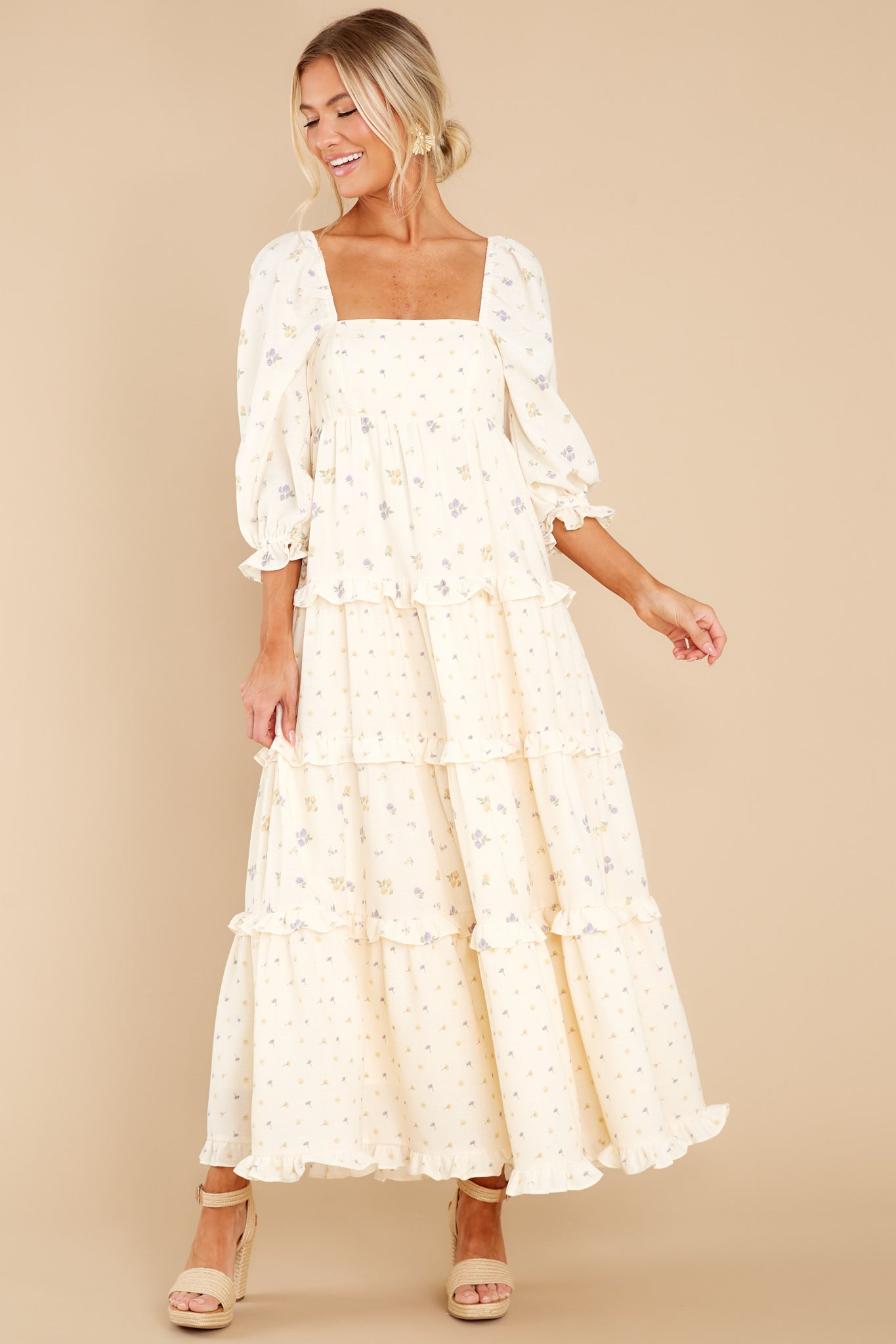 Cheerful Moments Ivory Floral Print Maxi Dress