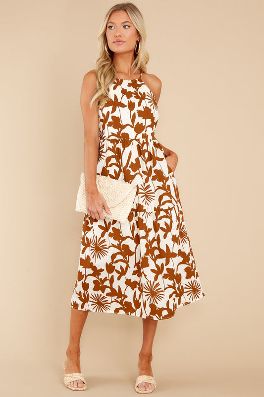 Moonlit Strolls Ivory And Copper Print Cotton Midi Dress