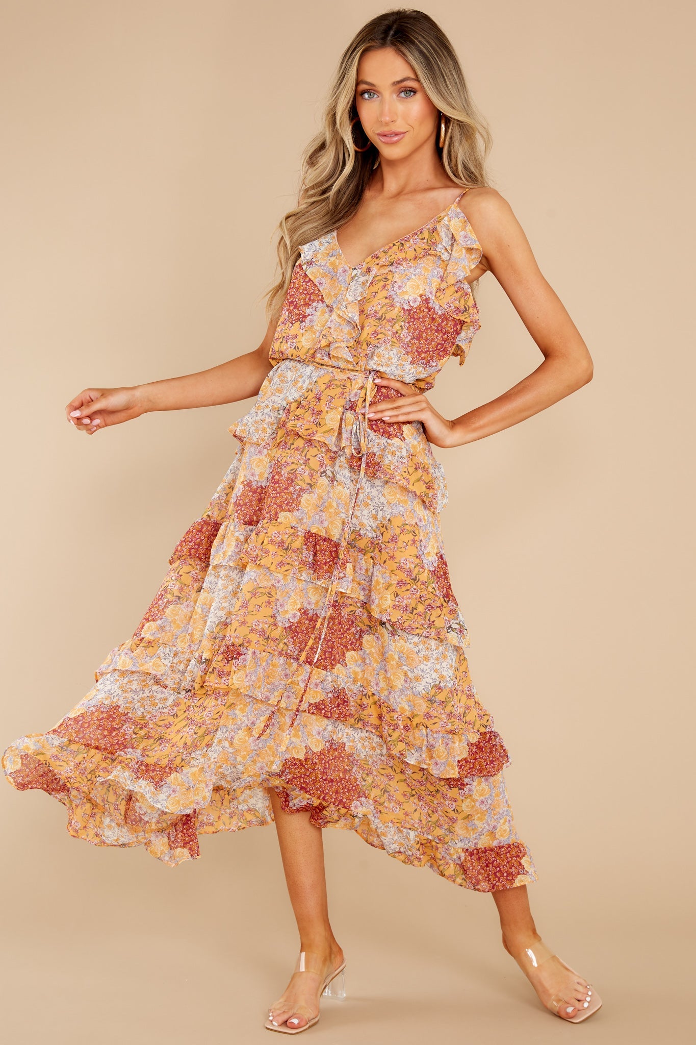 The Weekend Awaits Light Goldenrod Floral Print Midi Dress