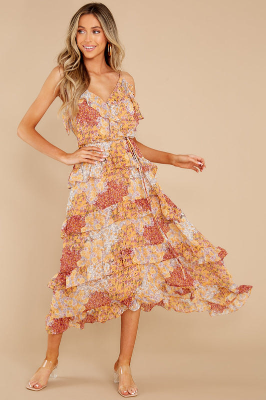 The Weekend Awaits Light Goldenrod Floral Print Midi Dress