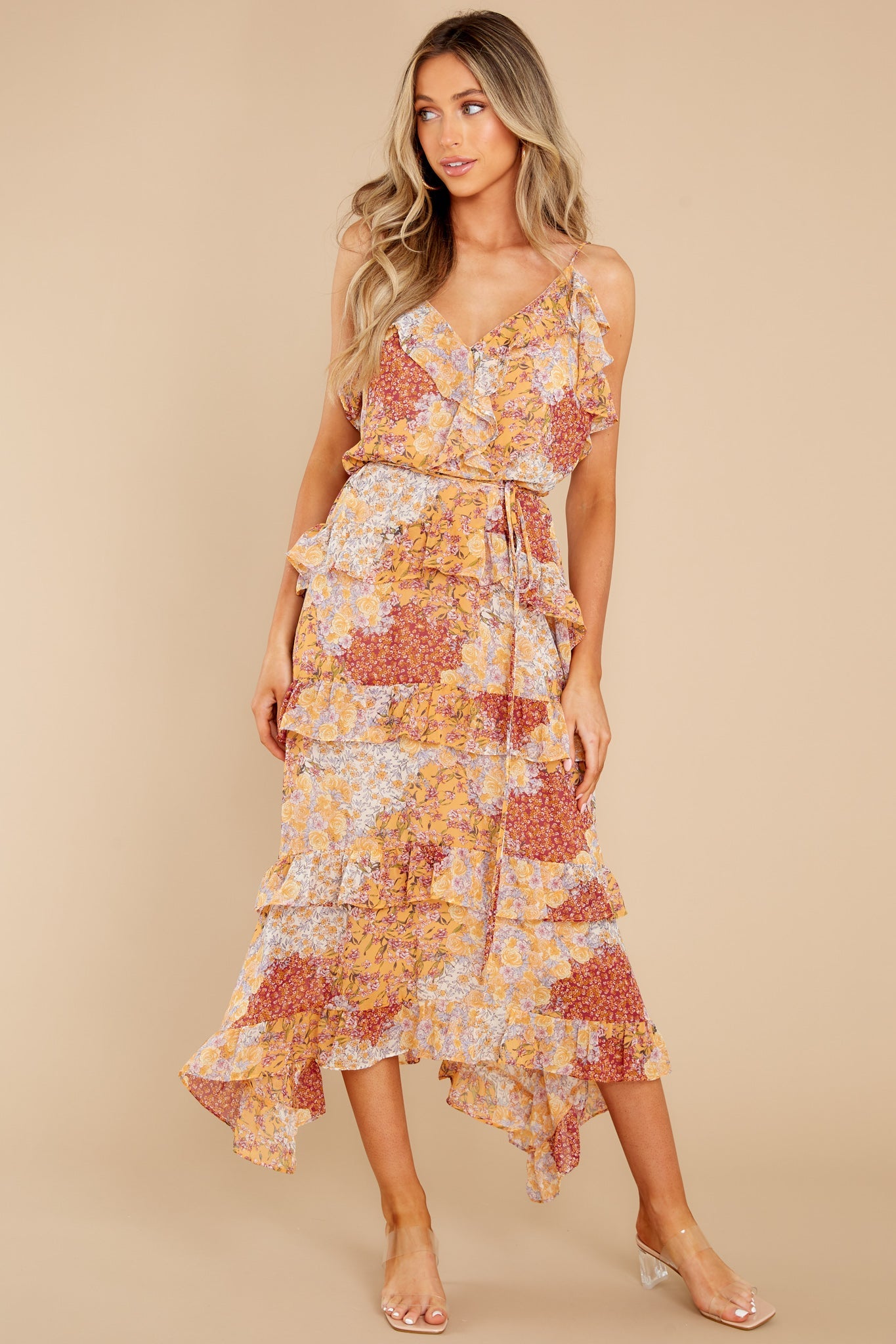 The Weekend Awaits Light Goldenrod Floral Print Midi Dress