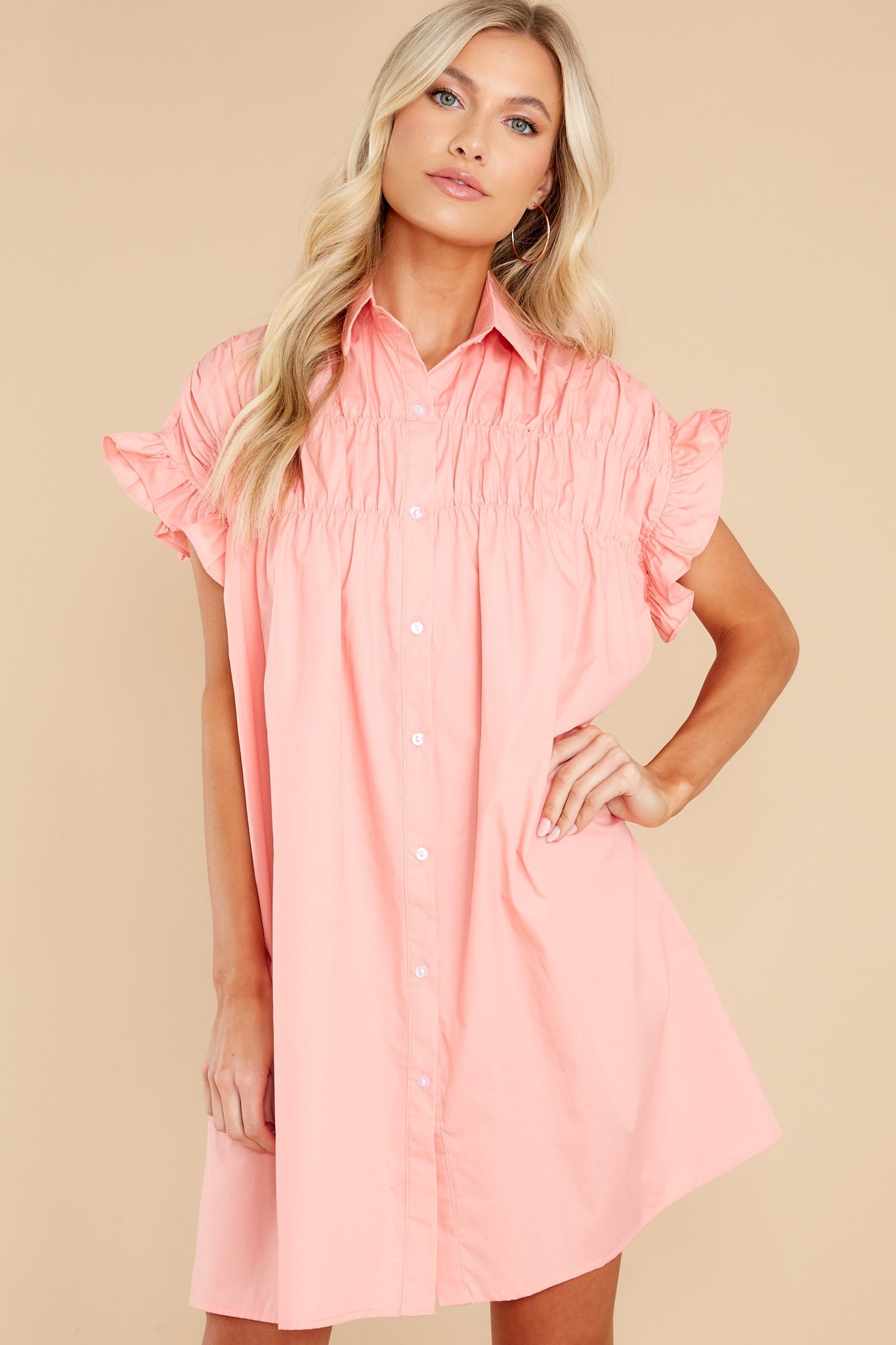 Caught Feelings Pink Rose Gathered Shirt Dress