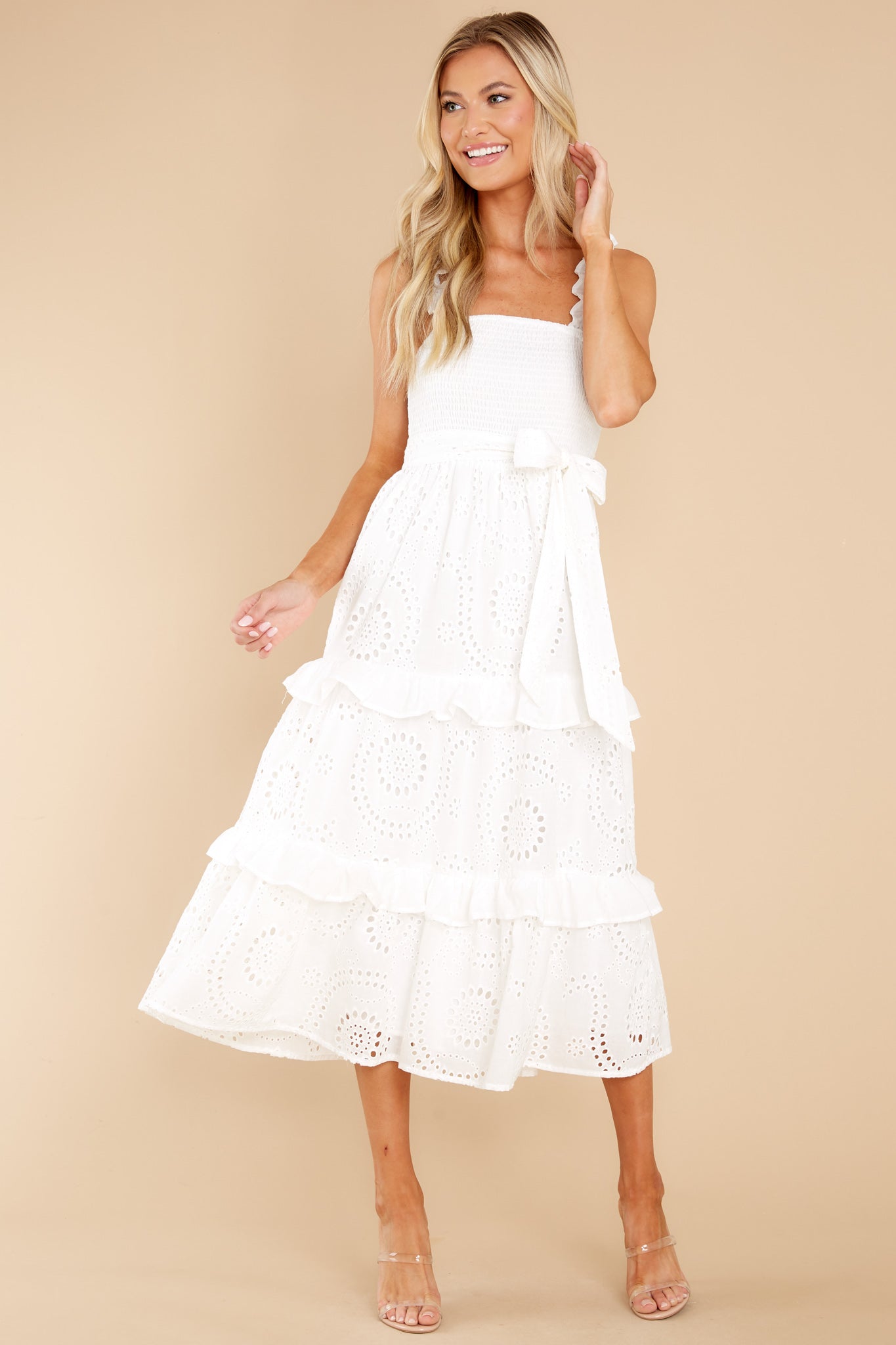 Pure Elegance White Eyelet Midi Dress