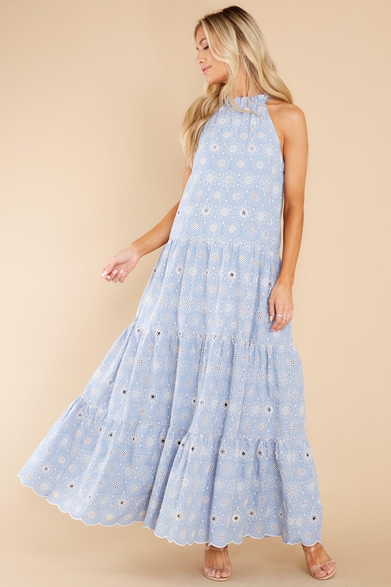 Sweet Excitement Dusty Blue Floral Eyelet Maxi Dress