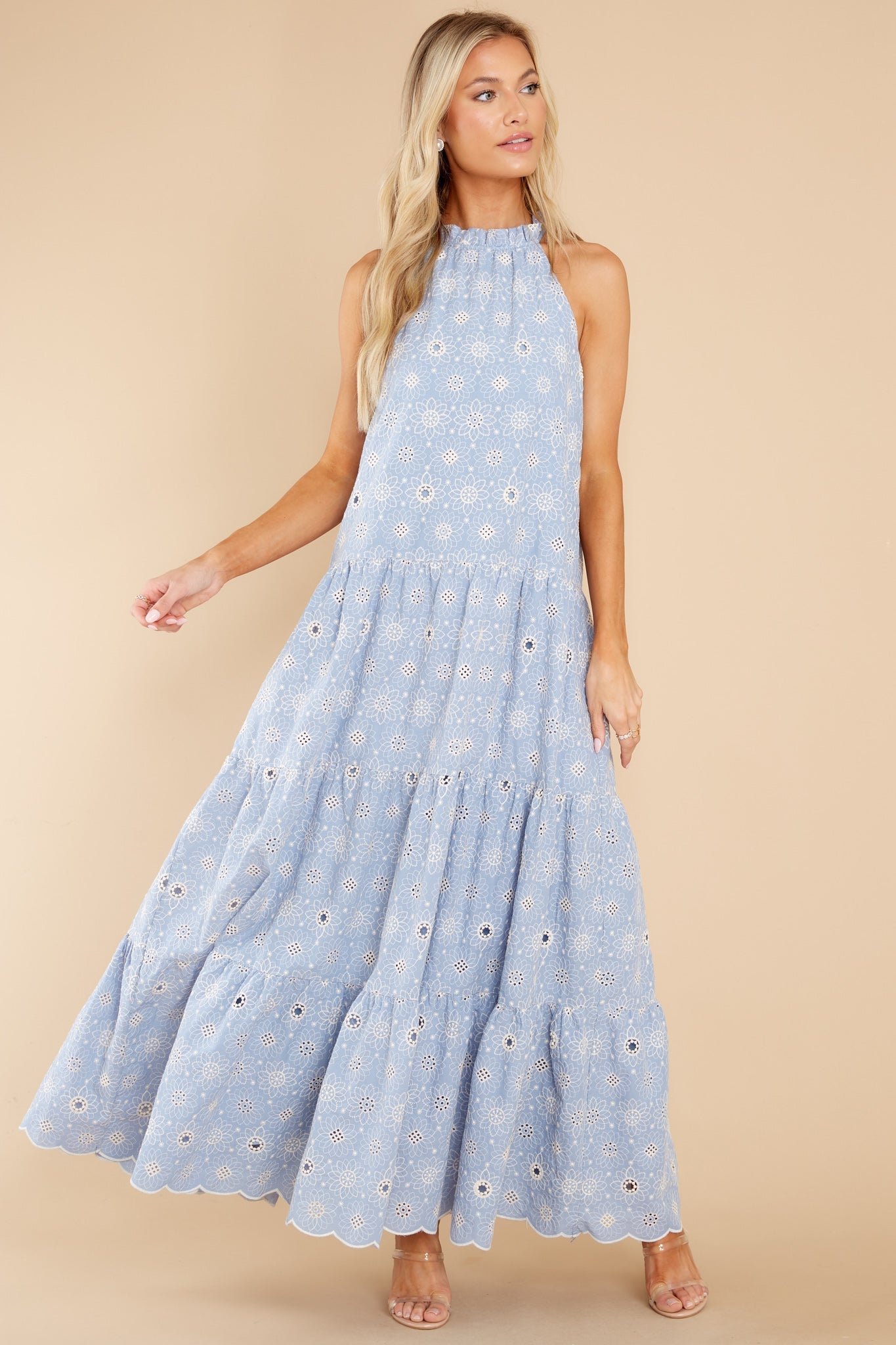 Sweet Excitement Dusty Blue Floral Eyelet Maxi Dress