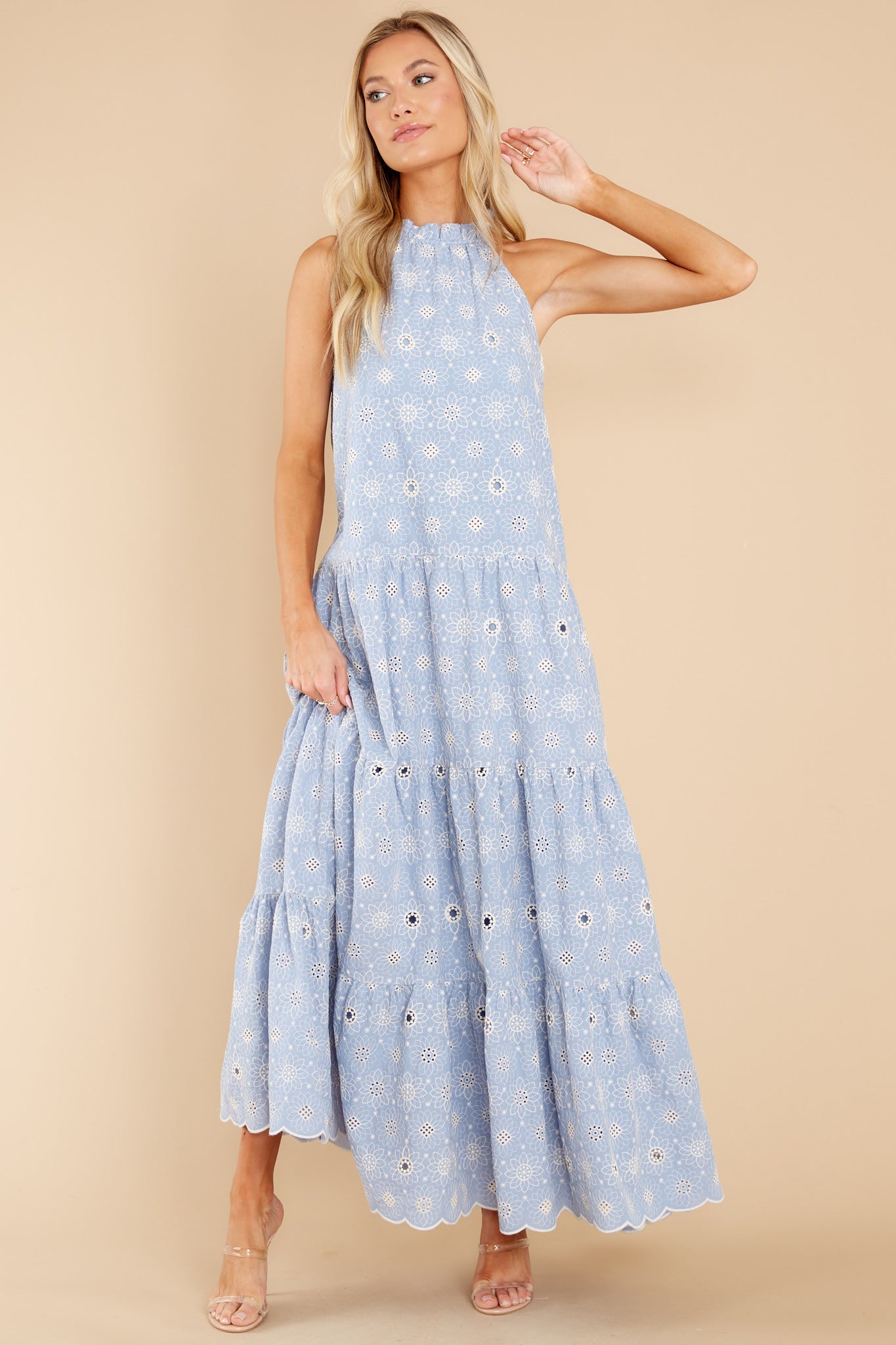 Sweet Excitement Dusty Blue Floral Eyelet Maxi Dress