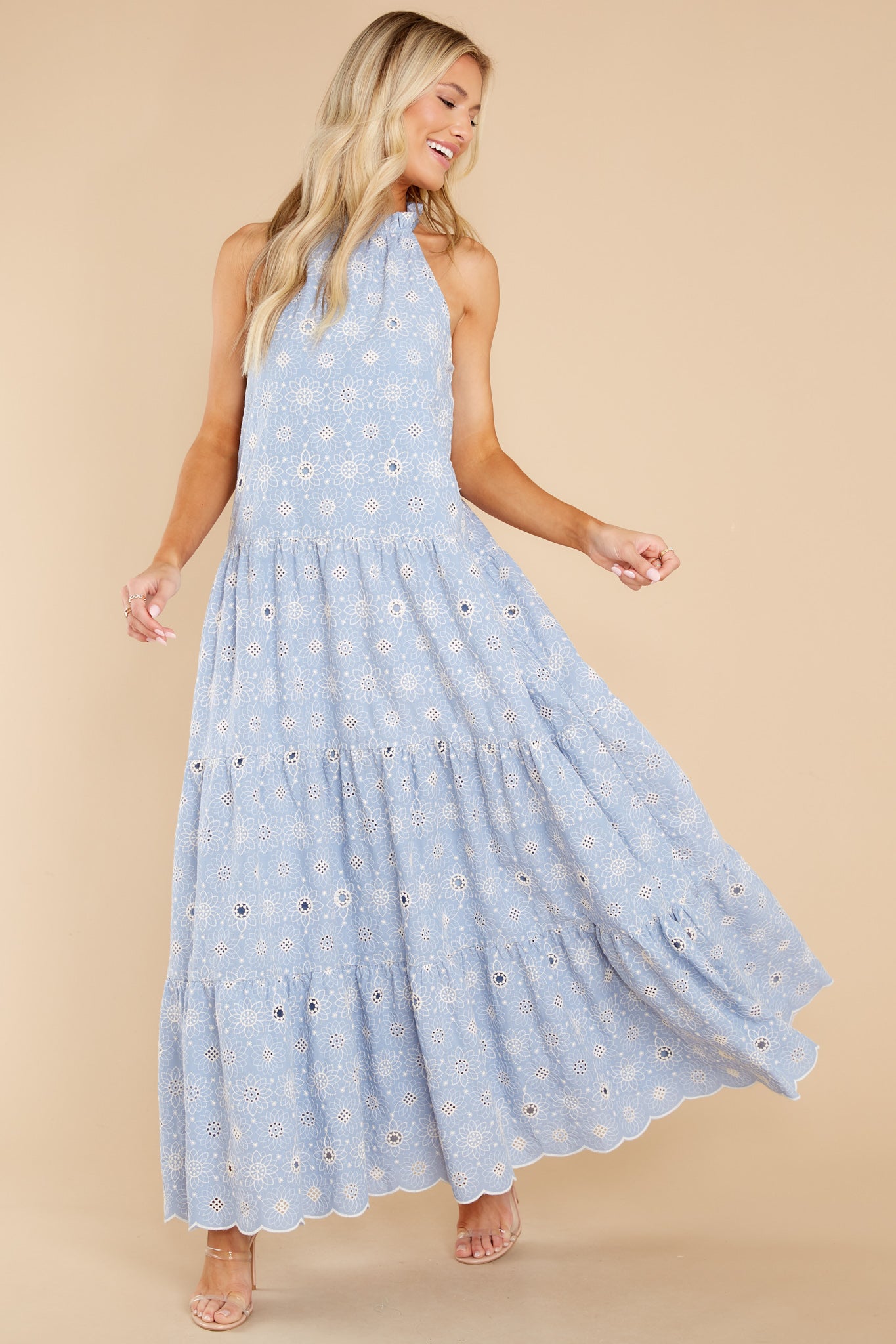 Sweet Excitement Dusty Blue Floral Eyelet Maxi Dress