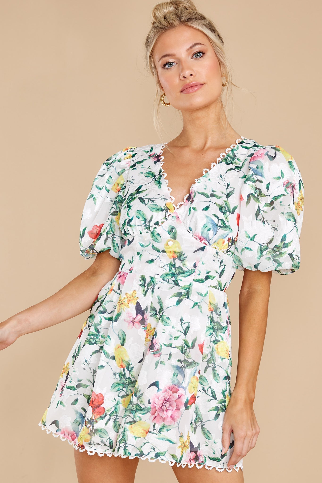 Garden Secrets White Multi Floral Print Romper