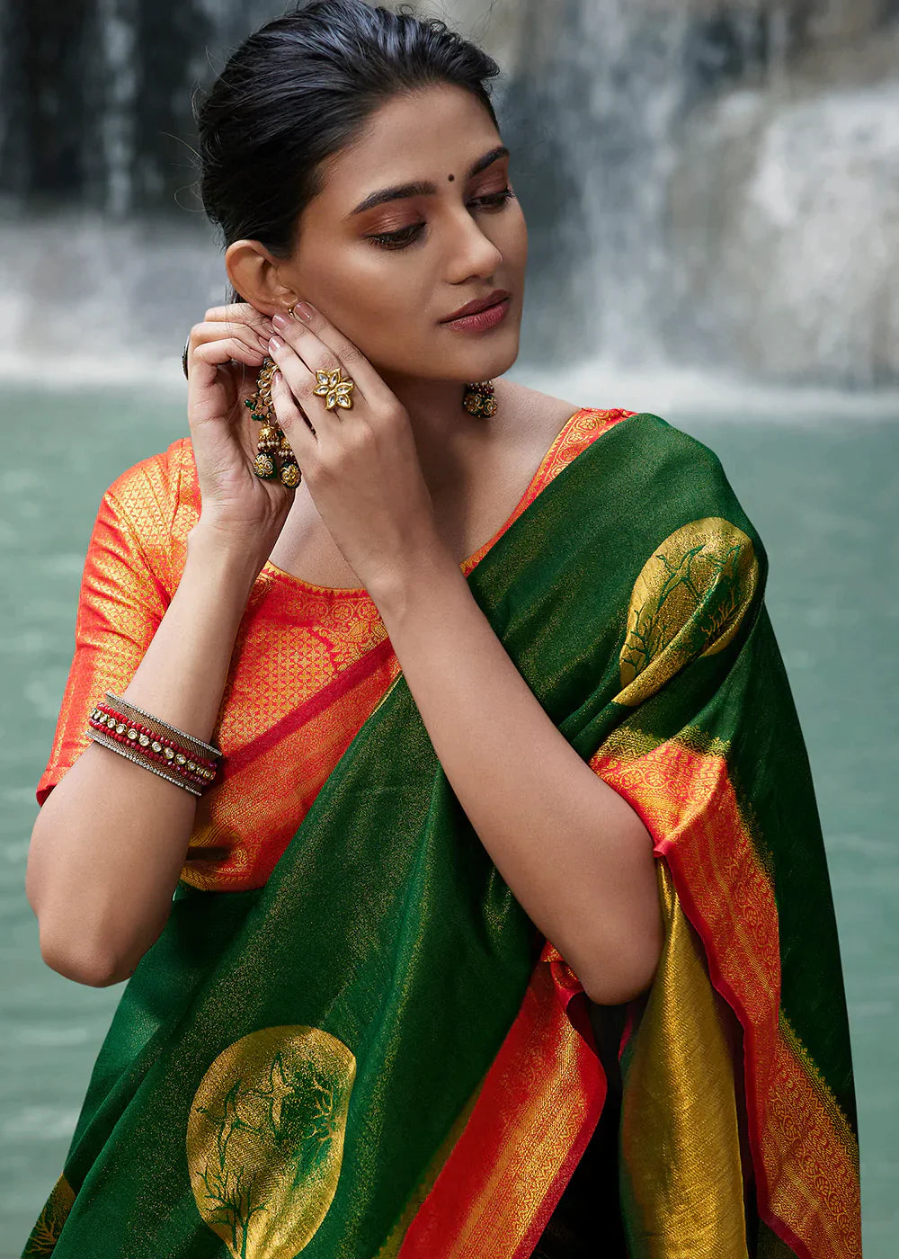 Green & Orange Zari Woven Kanjivaram Silk Saree