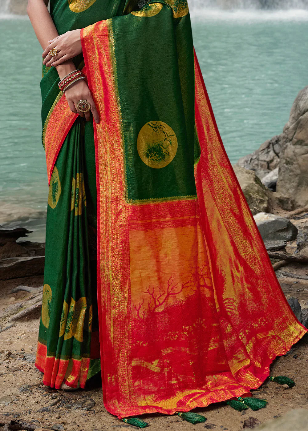 Green & Orange Zari Woven Kanjivaram Silk Saree