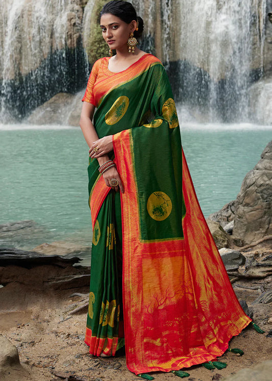 Green & Orange Zari Woven Kanjivaram Silk Saree