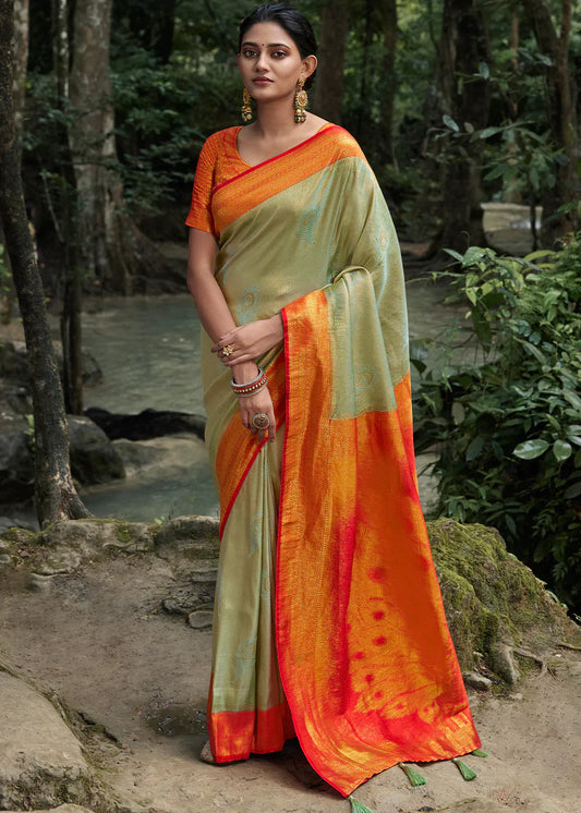 Tea Green Zari Woven Kanjivaram Silk Saree