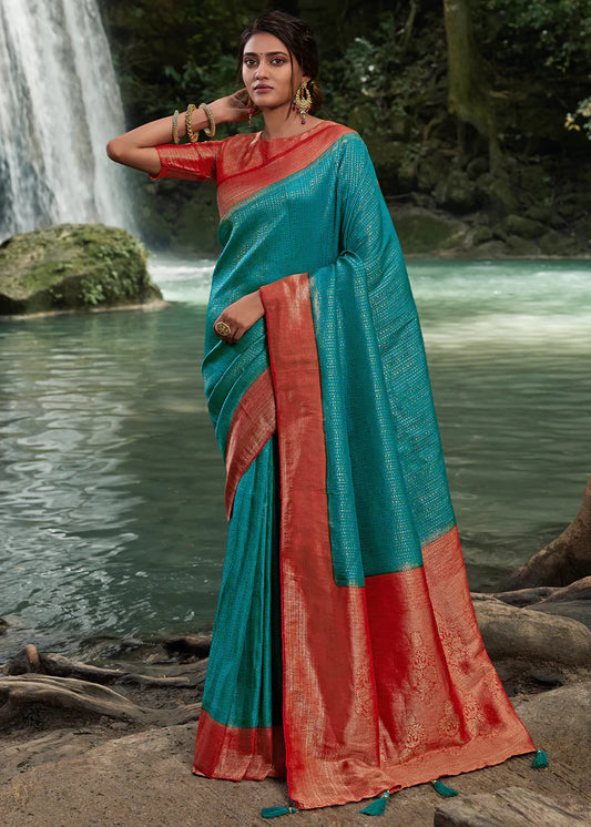 Blue & Red Zari Woven Kanjivaram Silk Saree