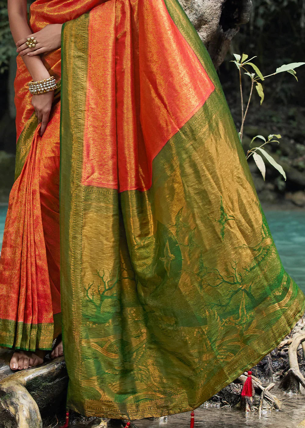 Orange & Green Zari Woven Kanjivaram Silk Saree